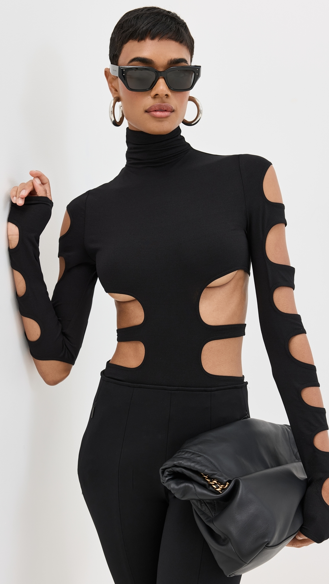 Mock Neck Bodysuit with Cut Out Details Black