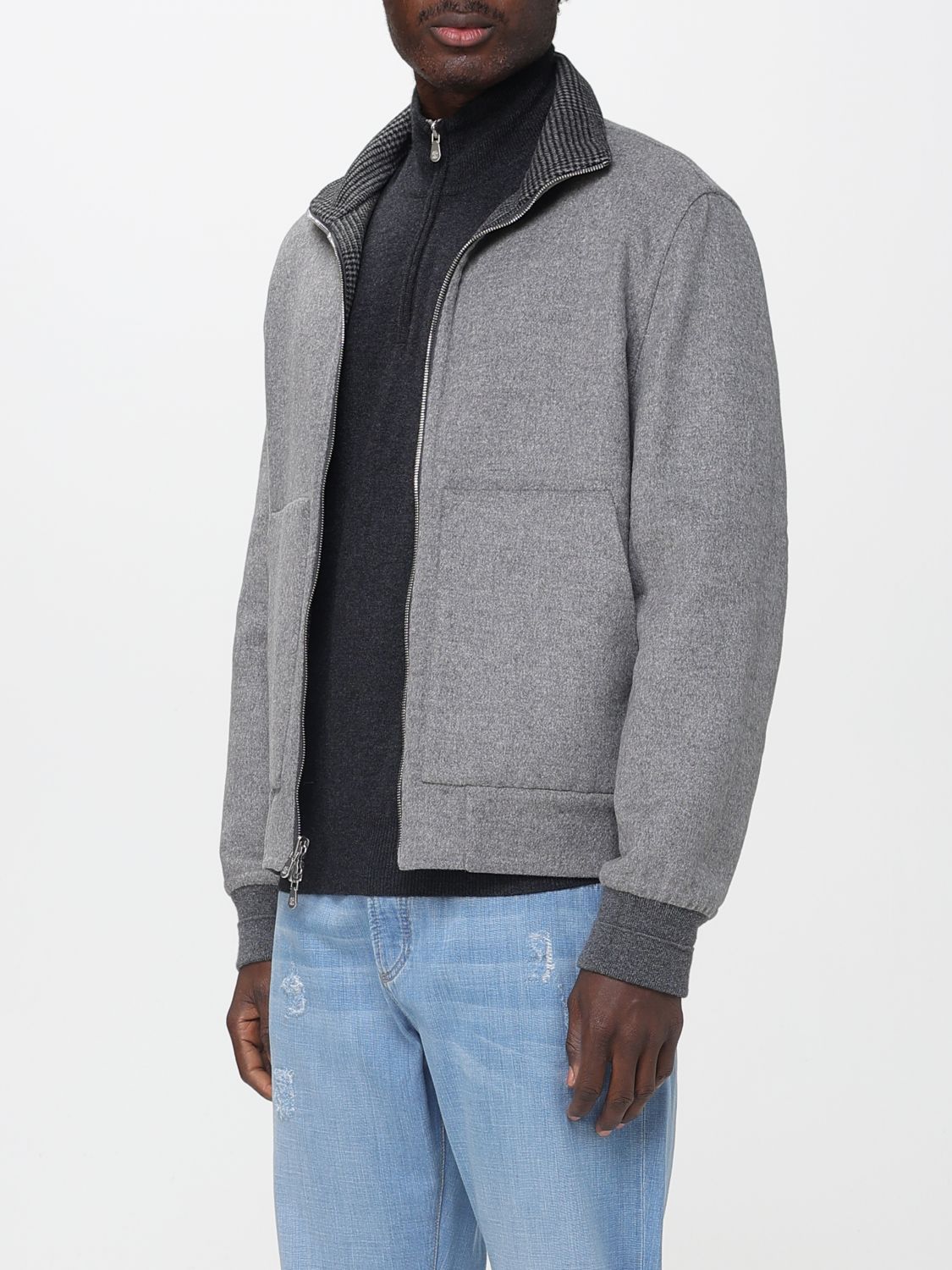 Check-pattern zip-up bomber jacket - Grey