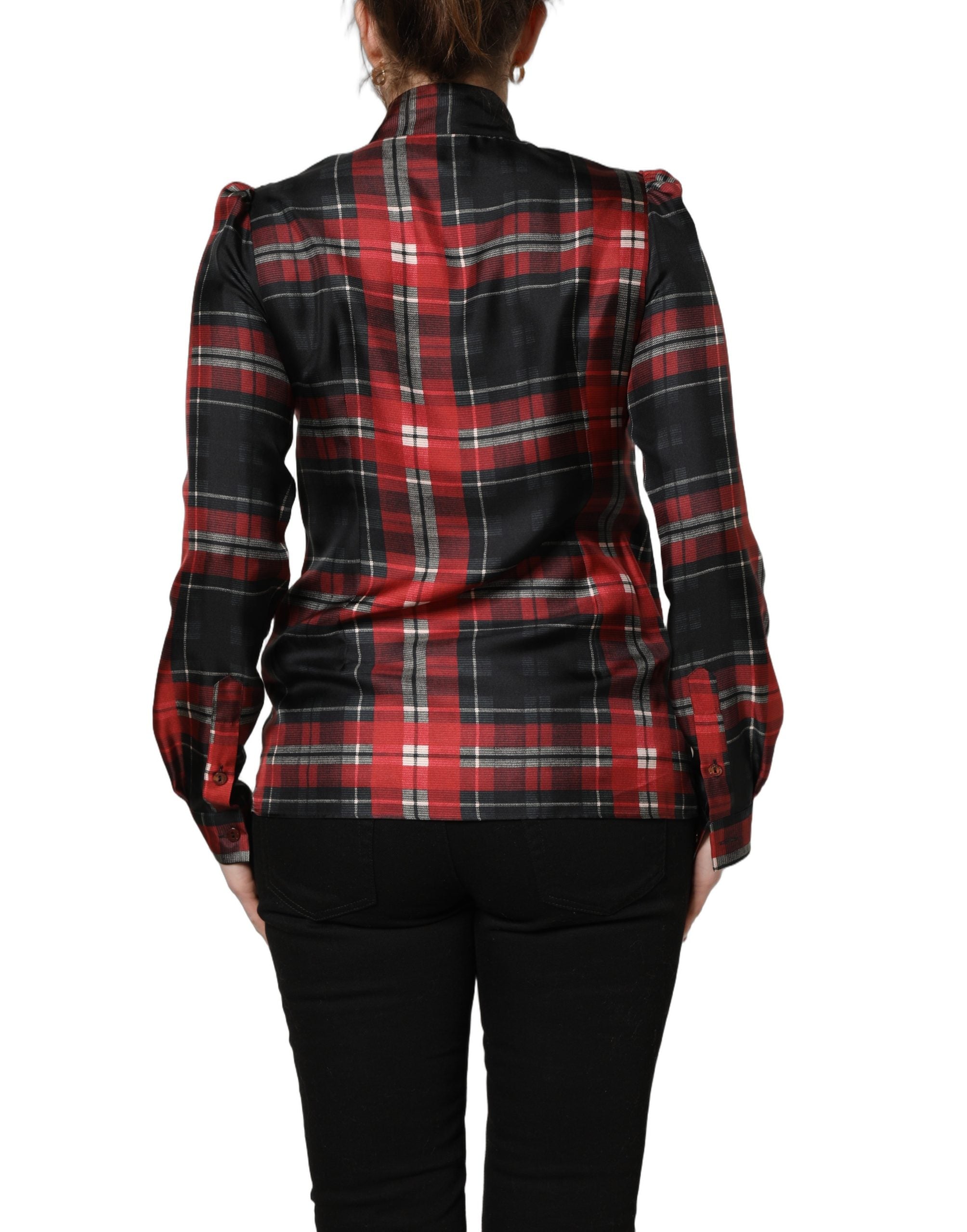 Plaid Silk Tie-Neck Blouse — Red