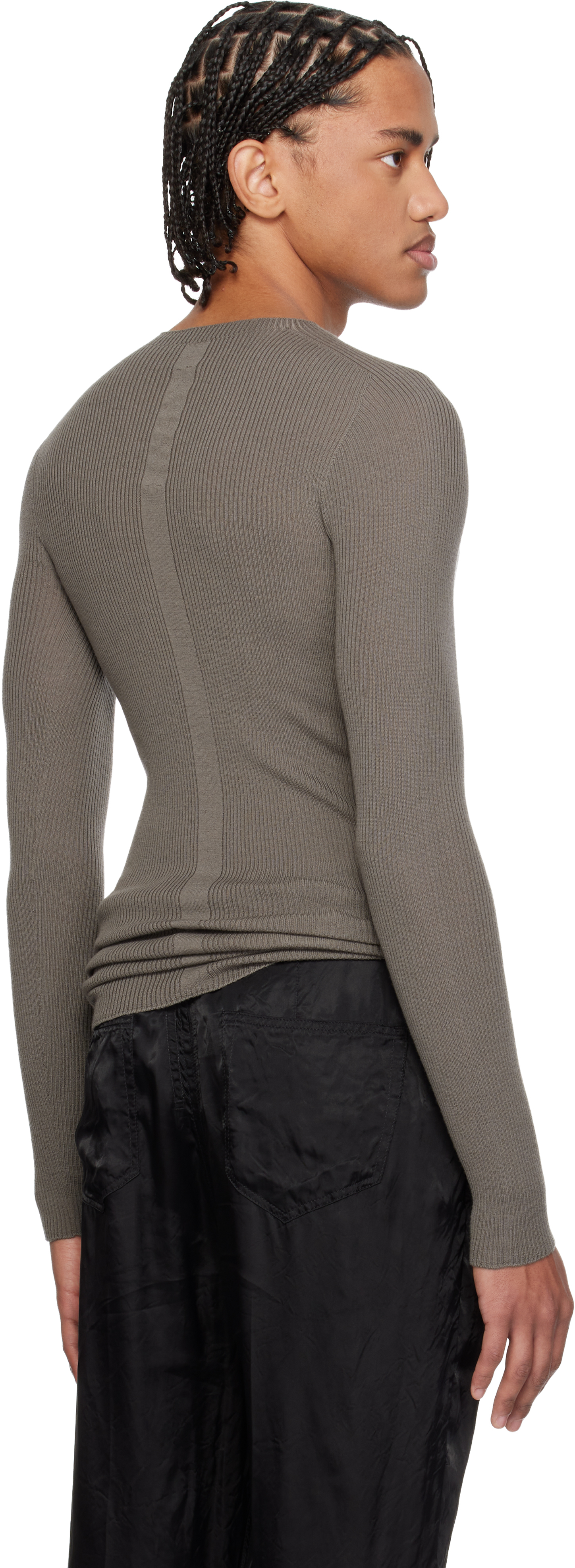 Gray Temple Ribbed Round Neck Sweater