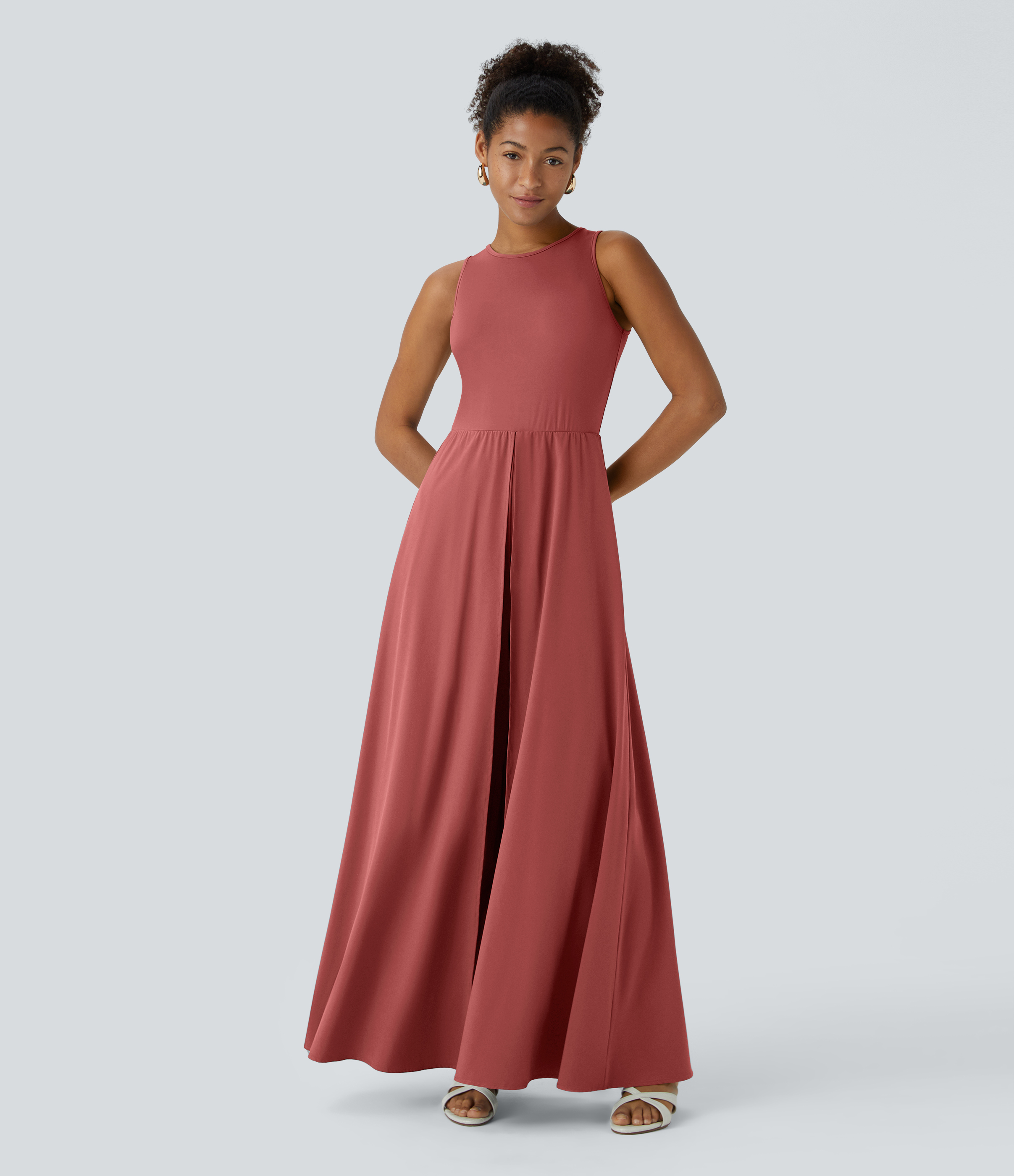 Breezeful™ Zipper Sleeveless Pocket Contrast Quick Dry Jumpsuit  - Kapok Red