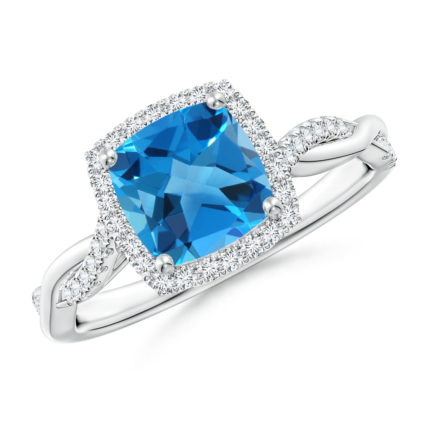 Angara 1.85 Carats Twisted Shank Cushion Swiss Blue Topaz Halo Engagement Ring in Platinum