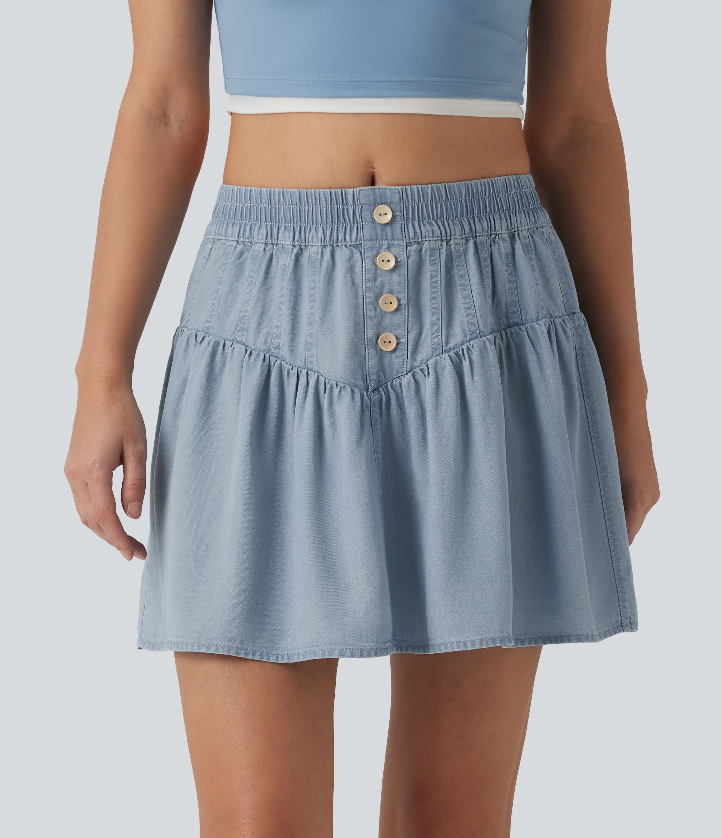 Mid Rise Mini Draped Lyocell Denim Casual A-line Skirt  - Malibu Blue Denim
