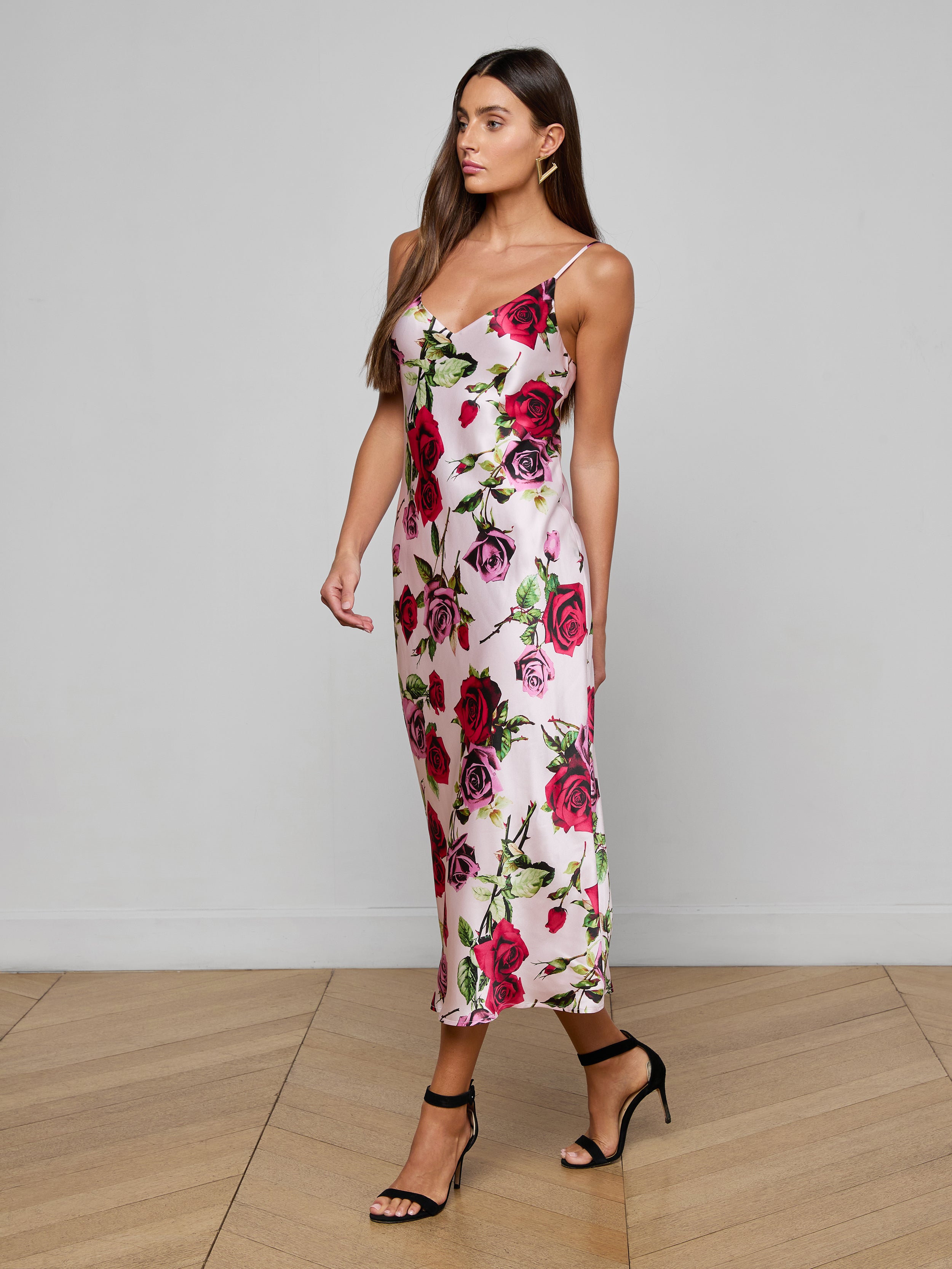 Seridie Silk Slip Dress In Pink Multi Romantic Rose