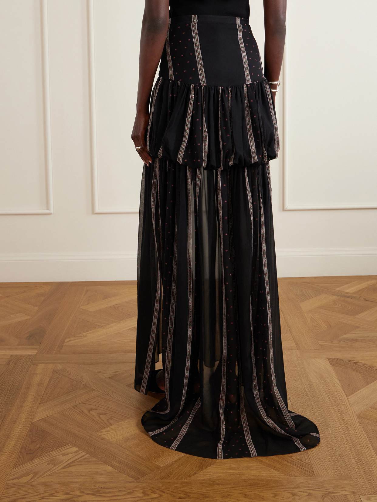Nina Striped Peplum Silk Maxi Skirt - Black