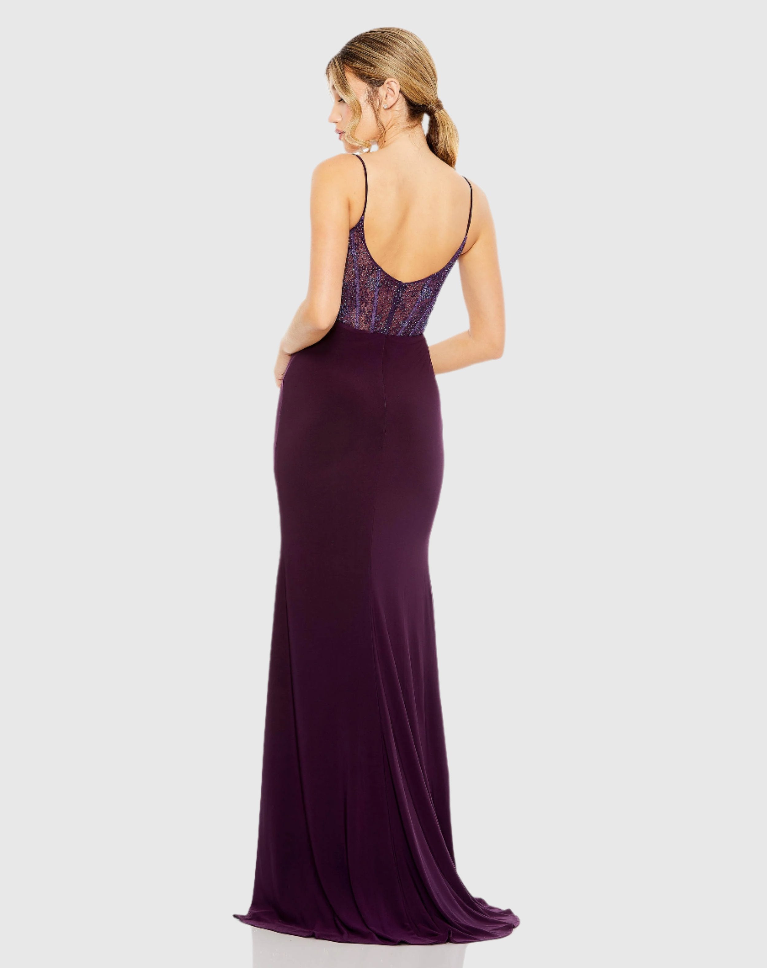 Dark Purple Sweetheart Mesh Embellished Wedding Guest Maxi Gown In Purple