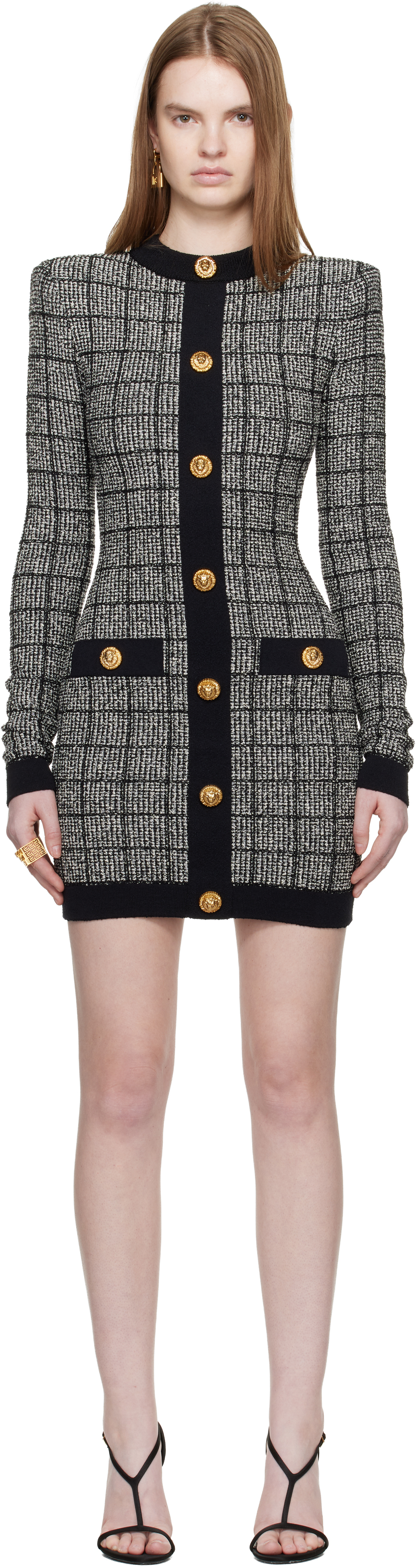 Black & White Buttoned Light Tweed Minidress