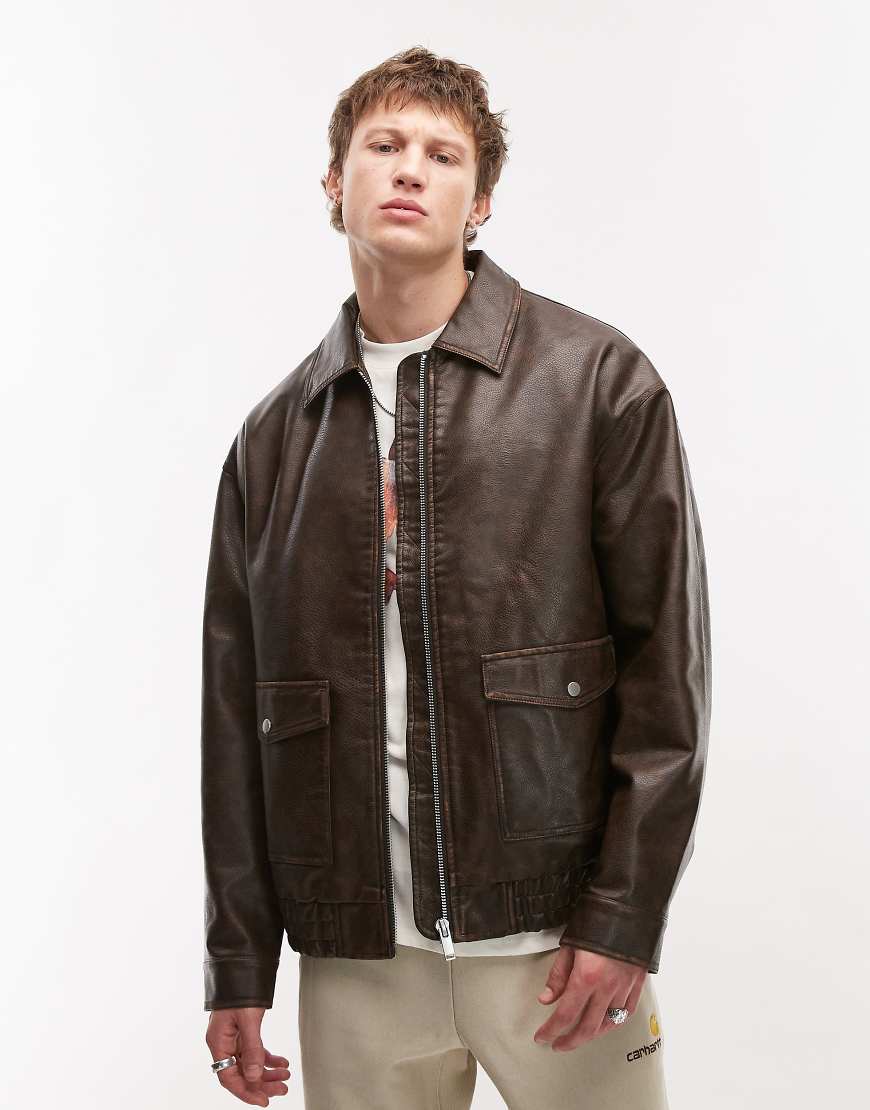 Topman faux leather A2 jacket in brown