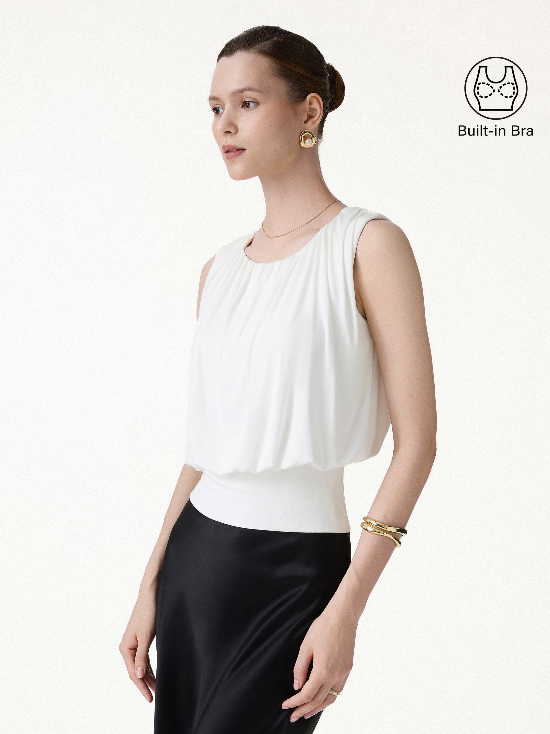 Round Neck Gathered Sleeveless Bra Top - White
