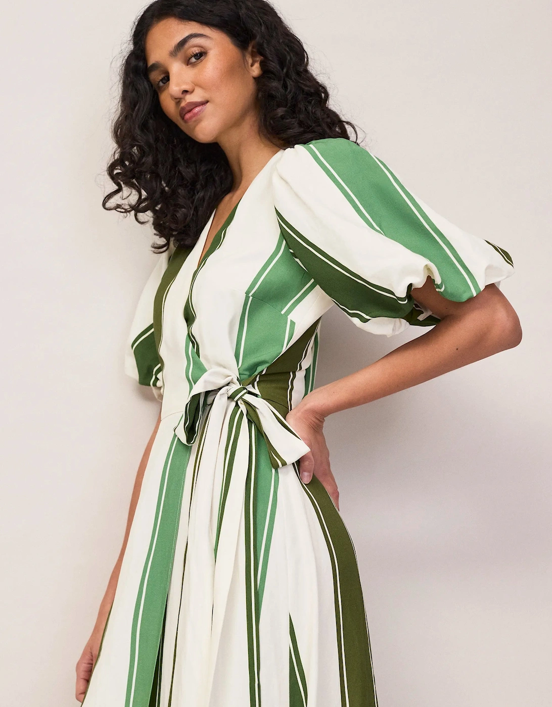 RO&ZO Women's Petite Green Stripe Linen Blend Wrap Dre