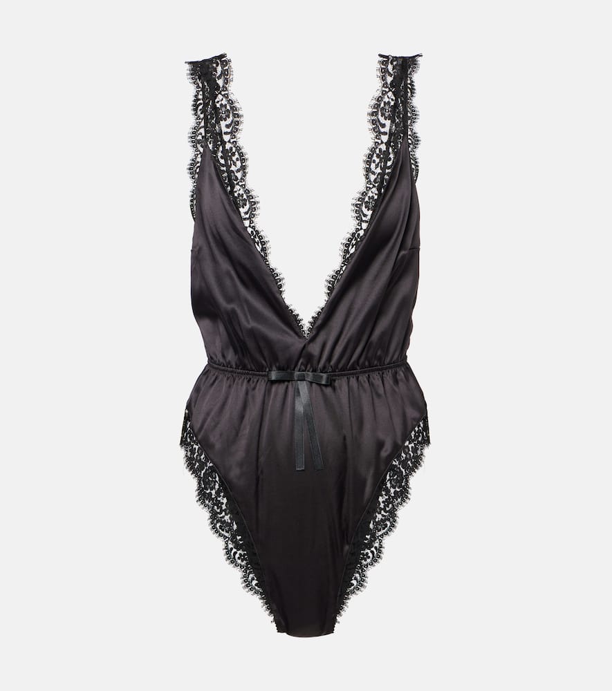 Lace-trimmed silk-blend satin bodysuit