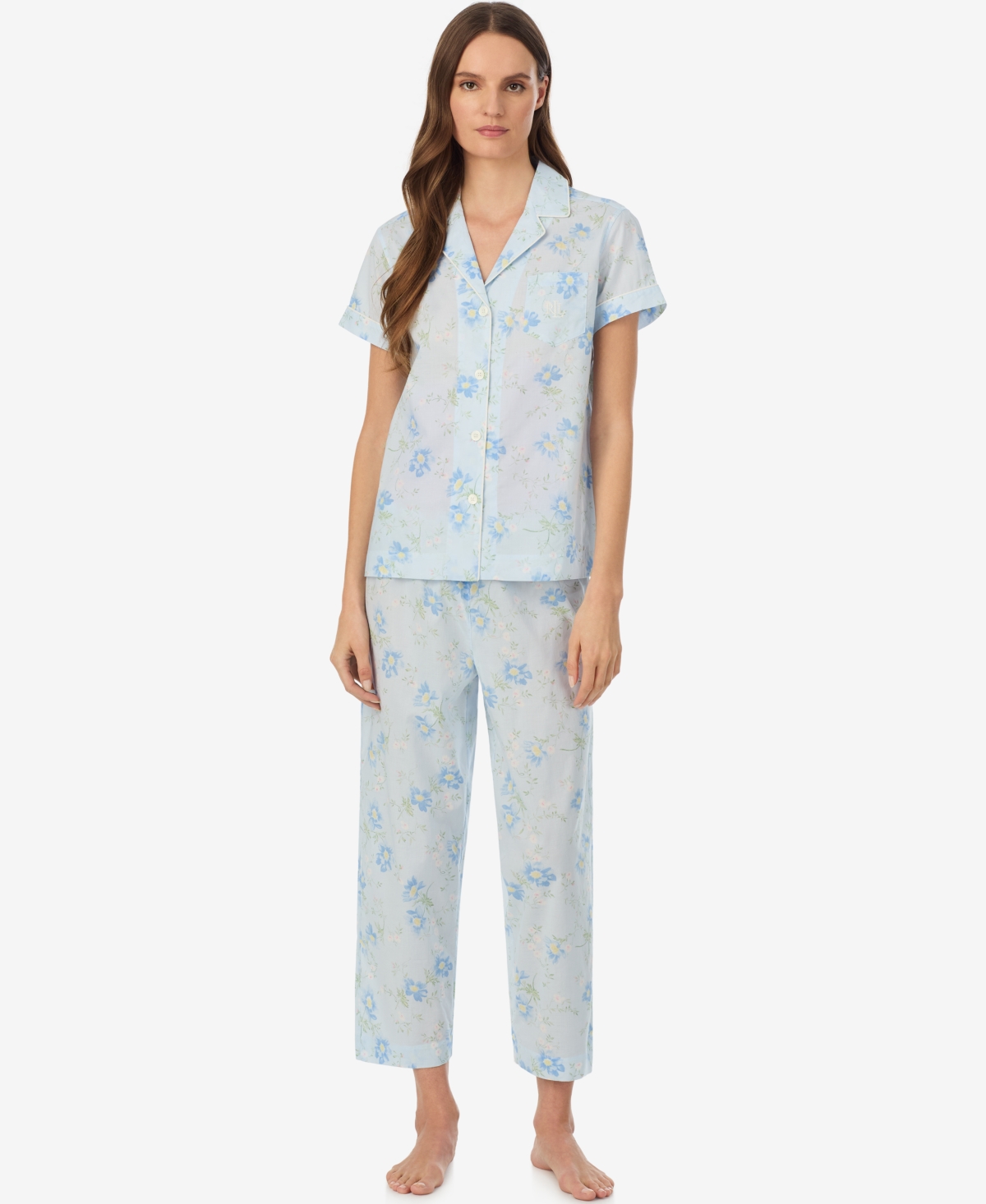Women's Notch Collar Top and Cropped Pajama Pants, 2-Piece Set - Light Blue Floral