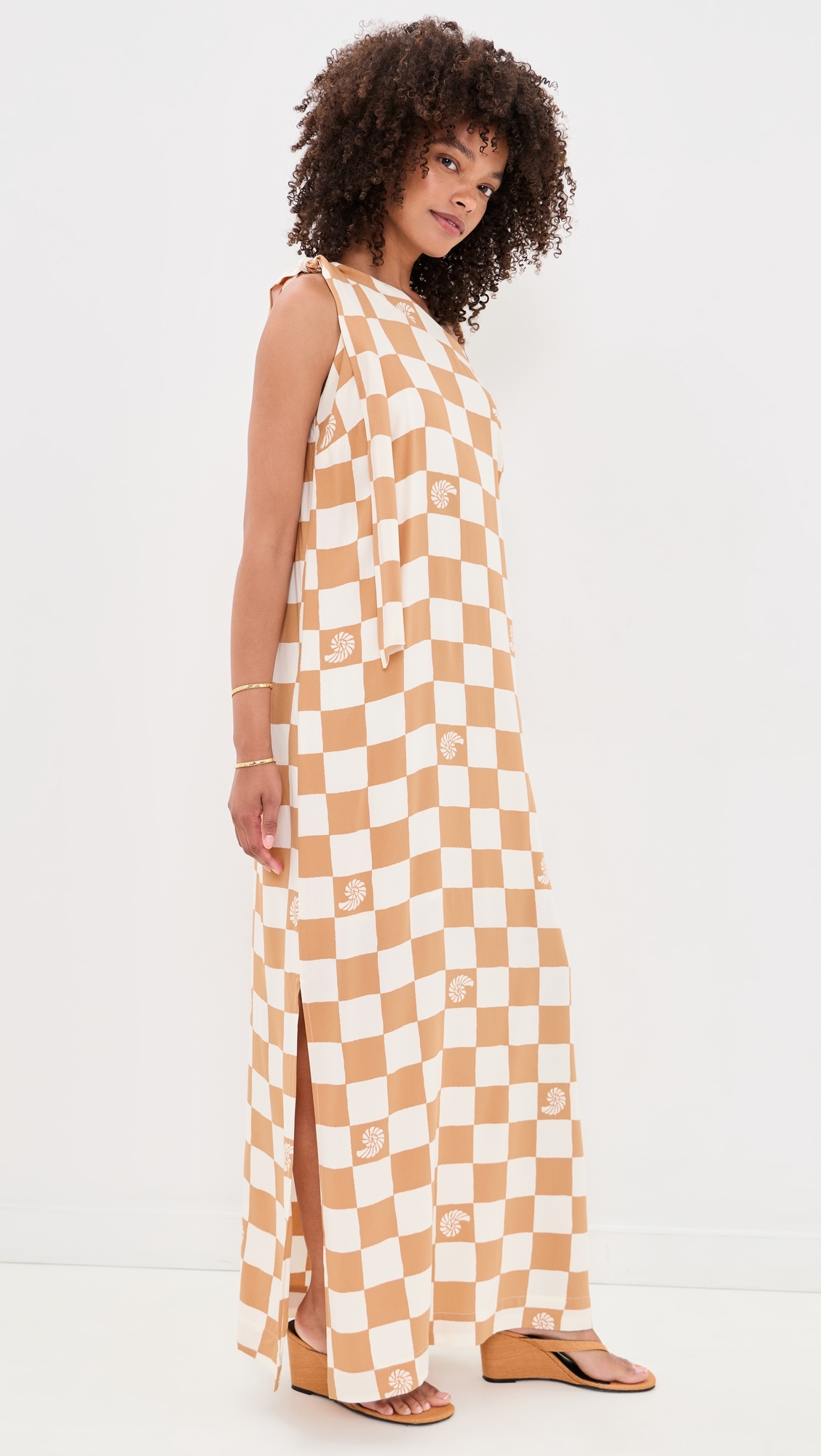 Beige Shell Plaid One shoulder Maxi Dress Beige Shell Plaid