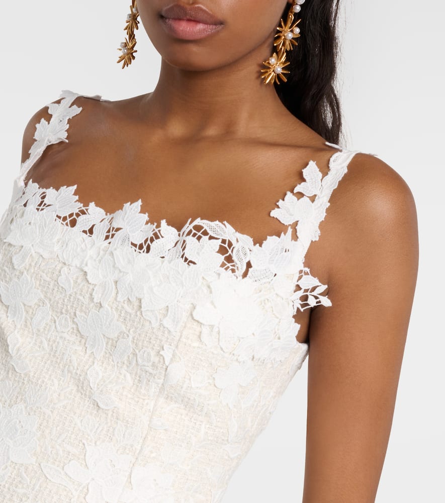 Floral lace-trimmed tweed midi dress