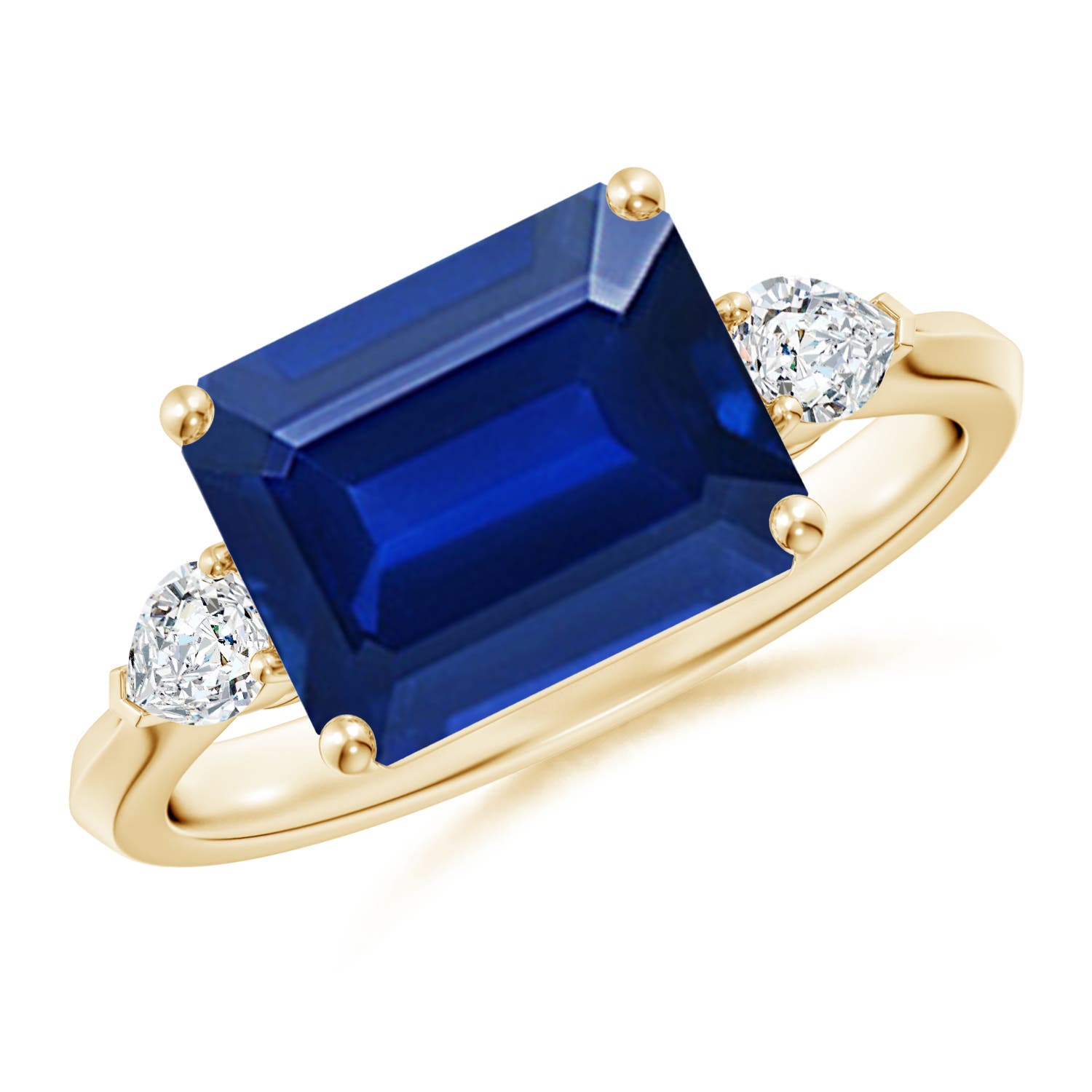 Angara 3.4 Carats Lab-Grown Classic East-West Emerald-Cut Blue Sapphire Side Stone Engagement Ring in 18K Yellow Gold