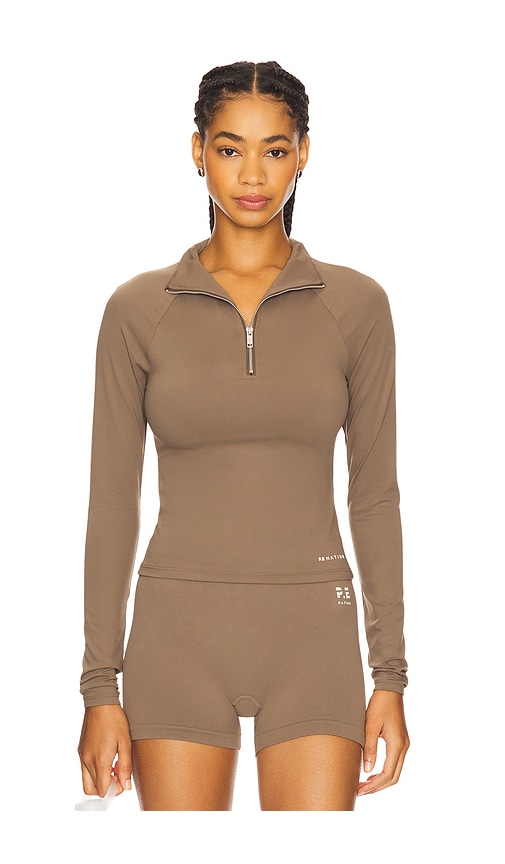 P.E Nation Routine Quarter Zip Long Sleeve Top in Taupe. L. Also in