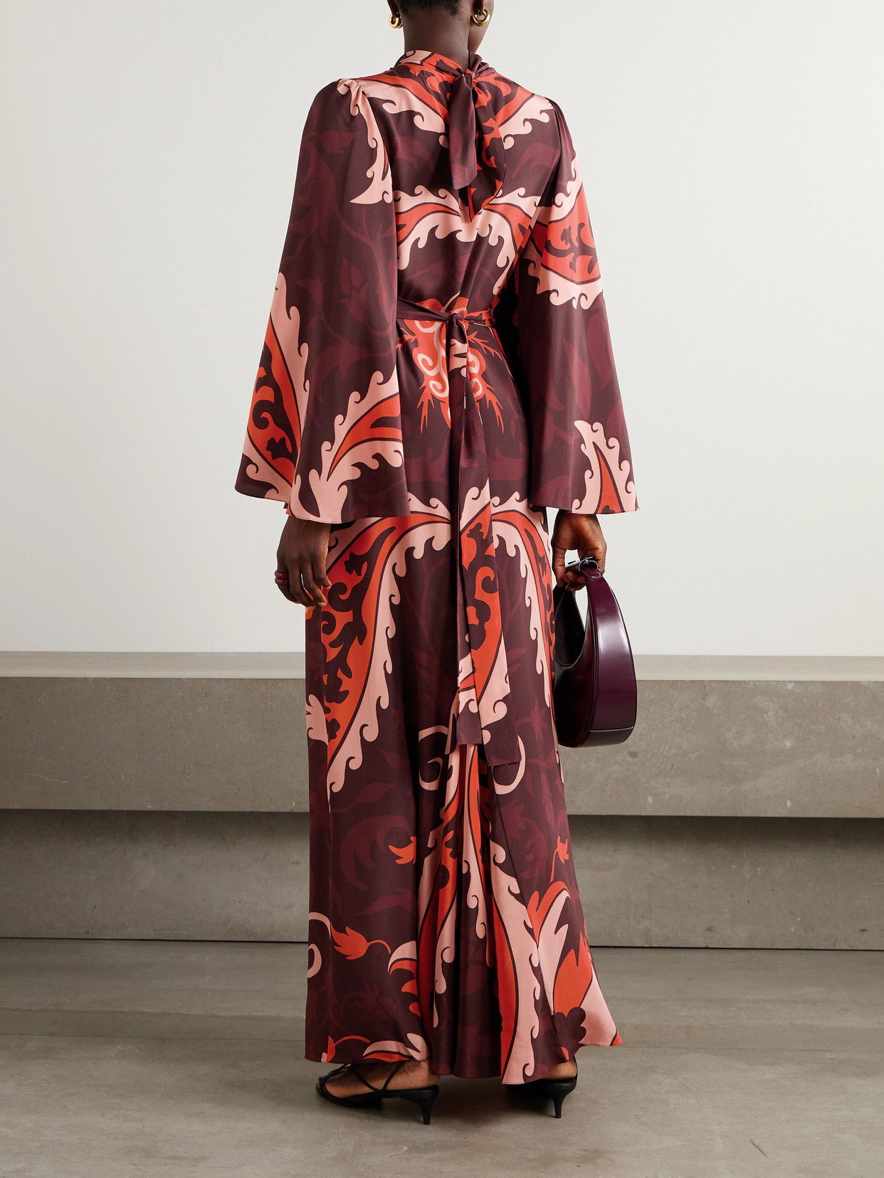 Santa Maria Belted Printed Silk-satin Maxi Dress - Burgundy