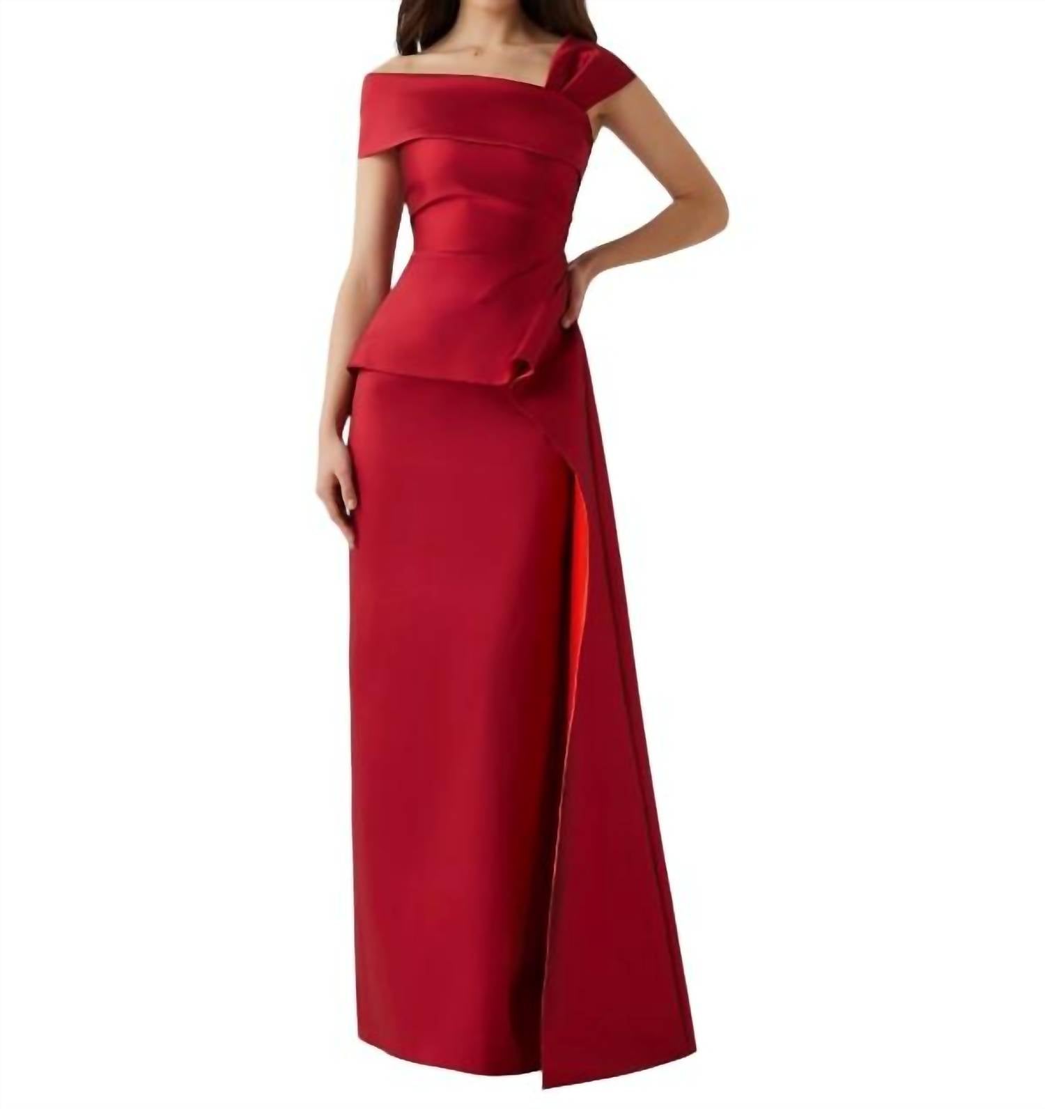 Stretch Gazar Ruched Peplum Gown In Red