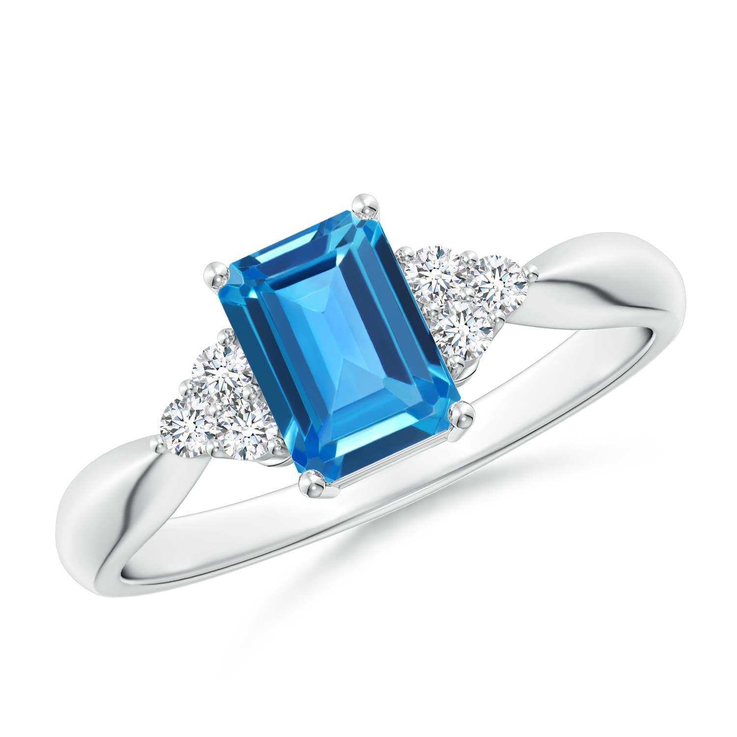 Angara 1.2 Carats Emerald-Cut Swiss Blue Topaz Ring with Trio Diamonds in Platinum
