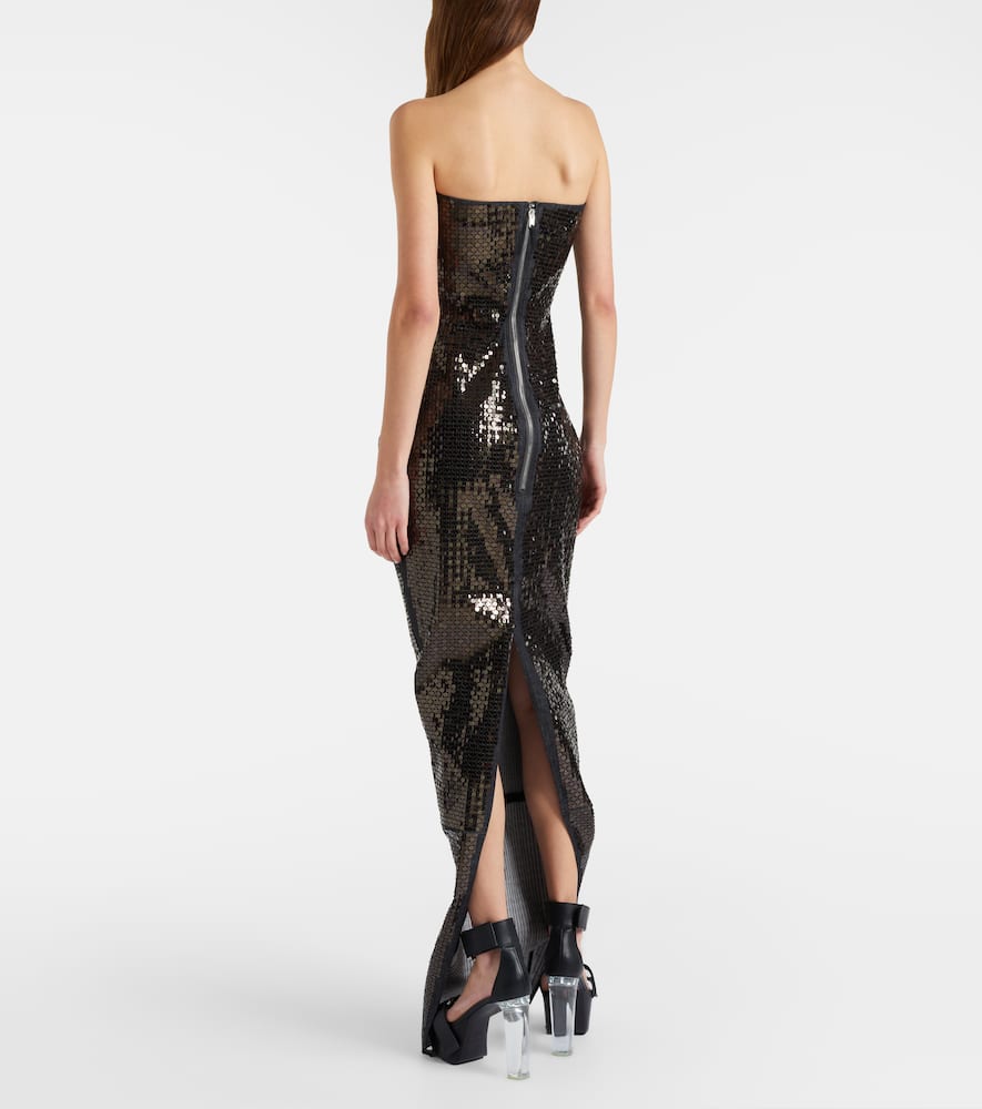 Sequined denim bustier gown