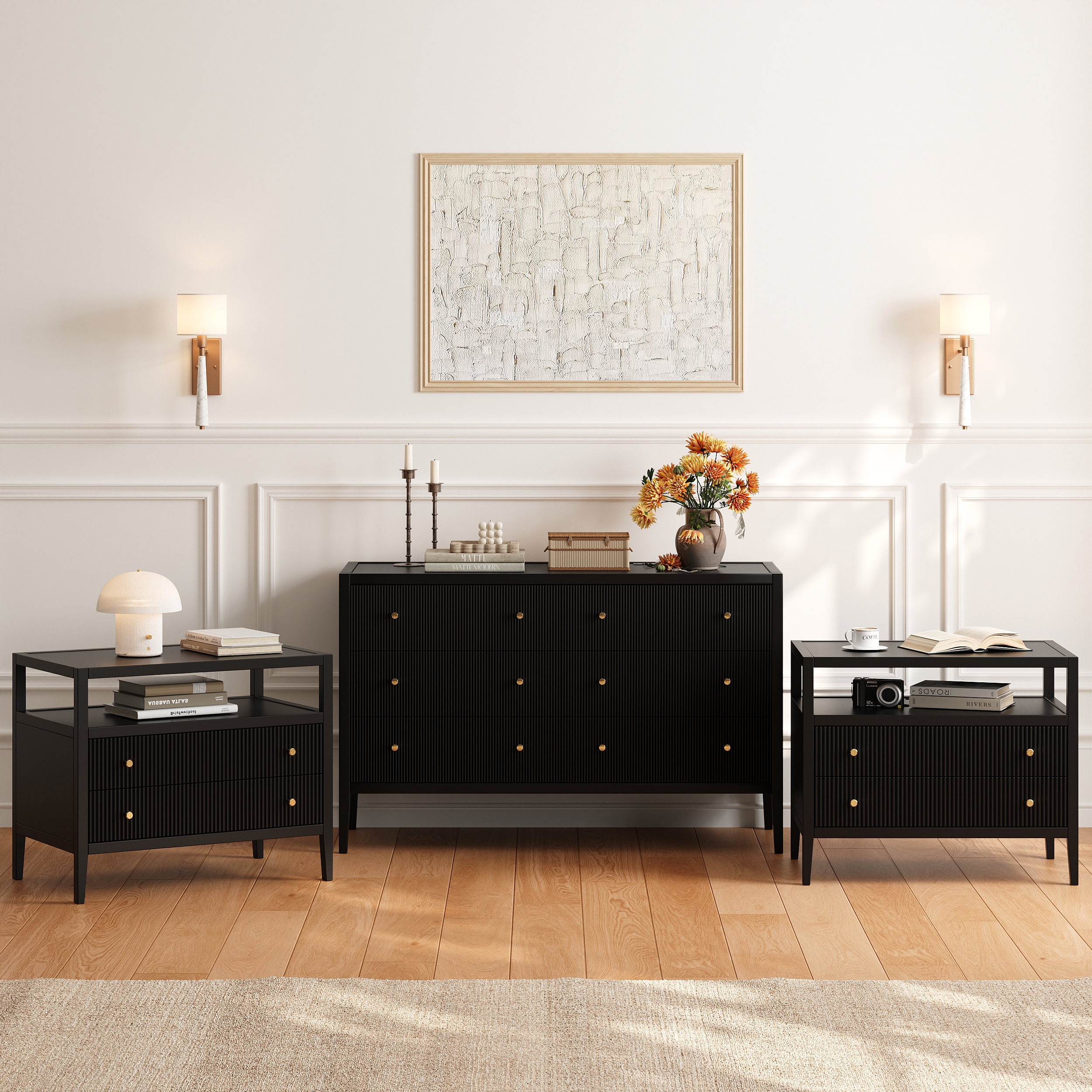 Stria White Fluted 6-Drawer Dresser & 2 Wide Nightstands Set