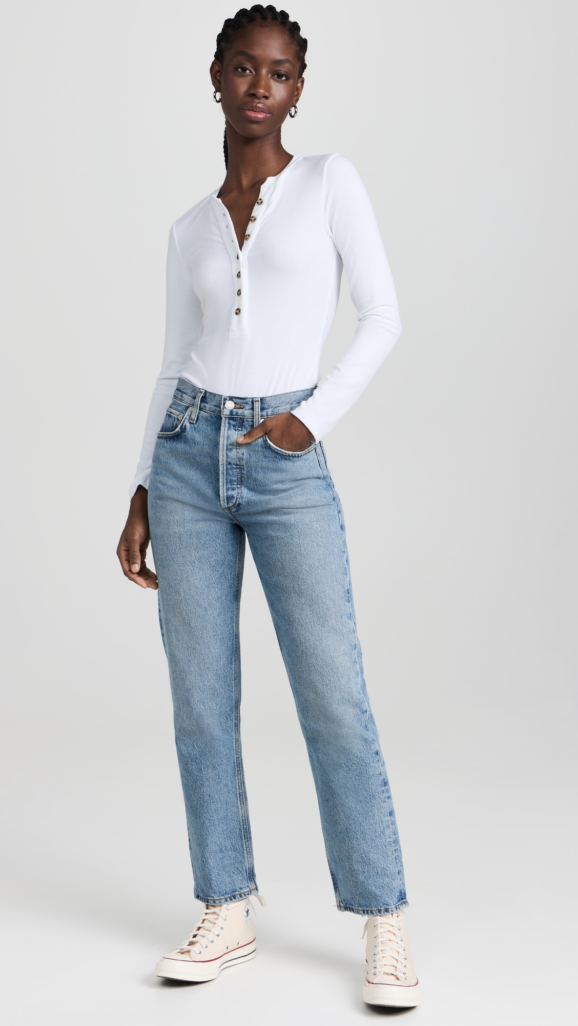 Ambitionist 여성 Button Up Ribbed Henley Bodysuit White