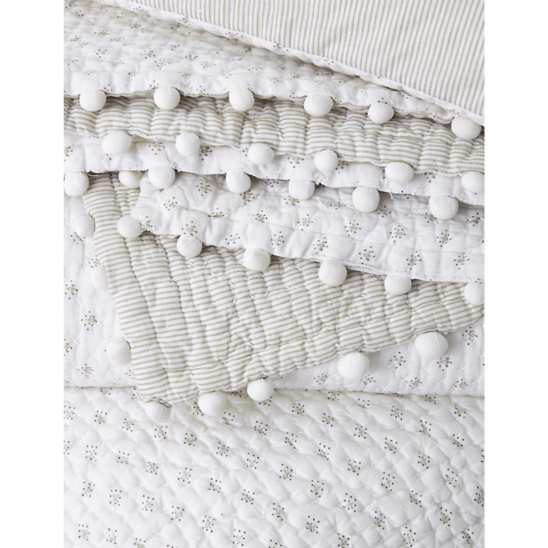 White/grey Brittany Quilts Double Pom-pom Embellished Cotton Bed Throw