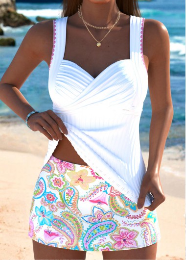Modlily Mid Waisted Paisley Print White Tankini Set