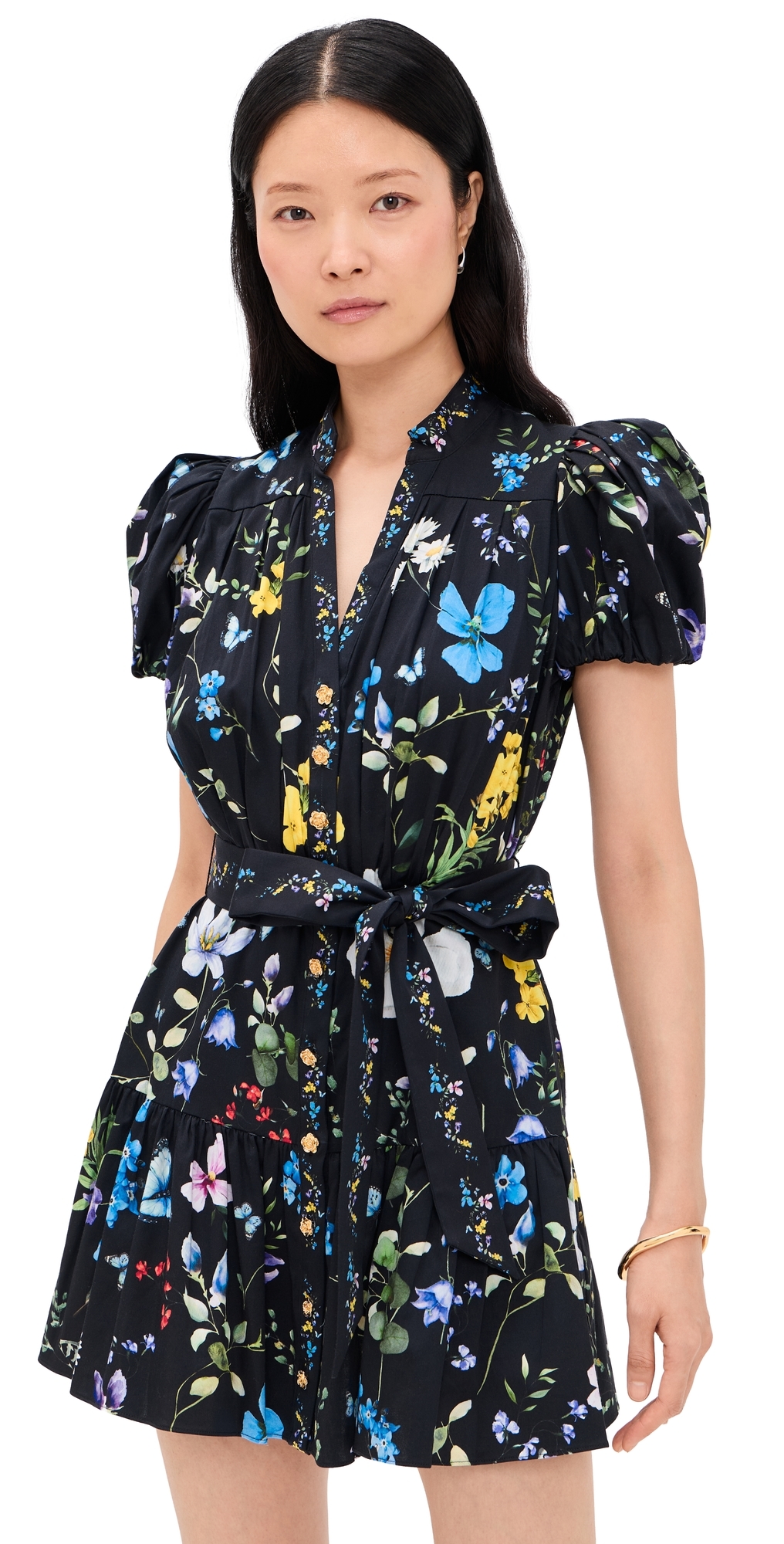 Cora Short Sleeve Tiered Mini Shirt Dress TWISTING VINES BLACK