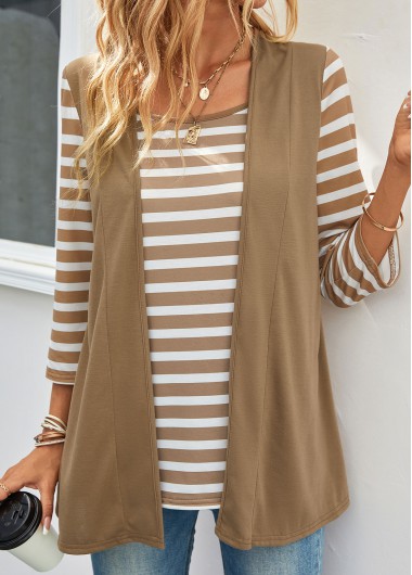 Modlily Dark Camel Fake 2in1 Striped T Shirt