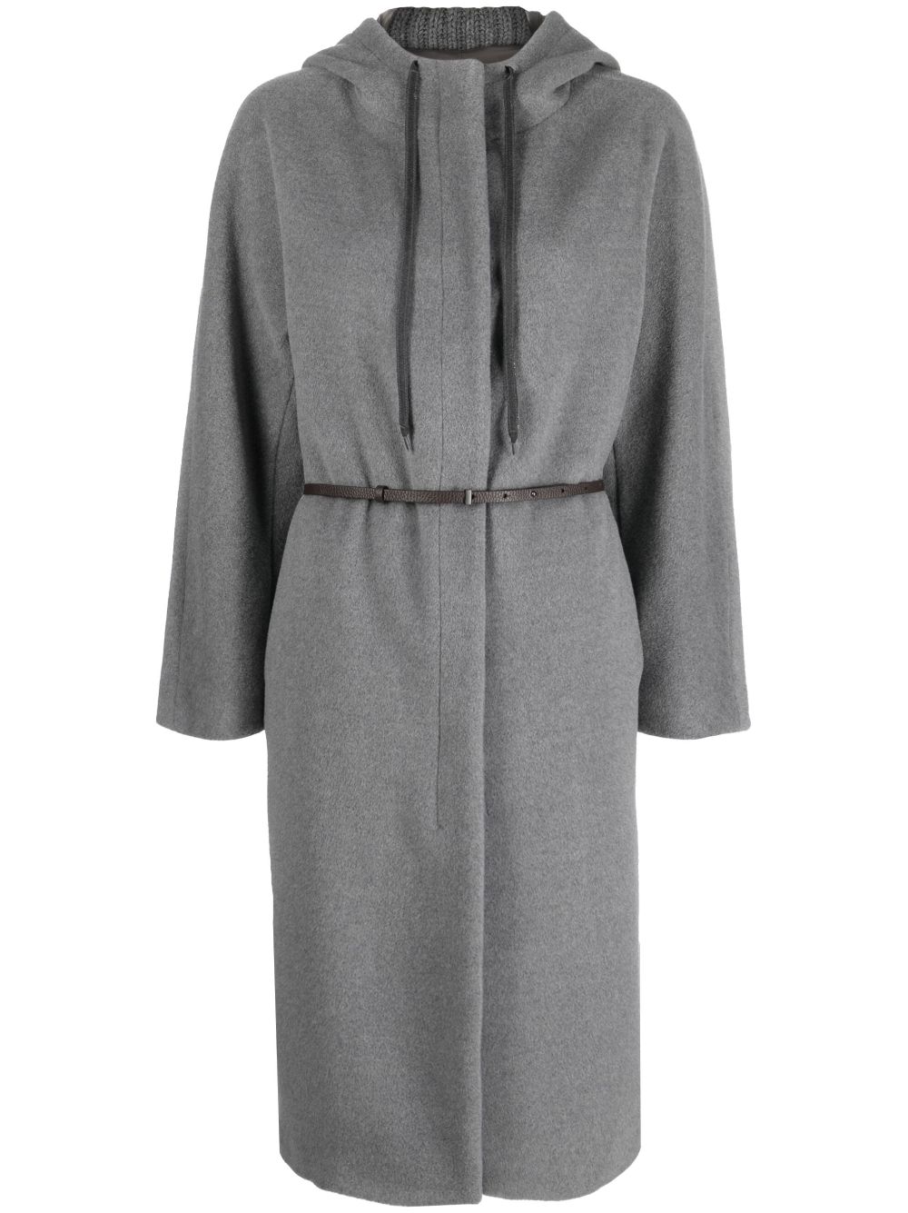 Drawstring-hood belted midi coat - Grey