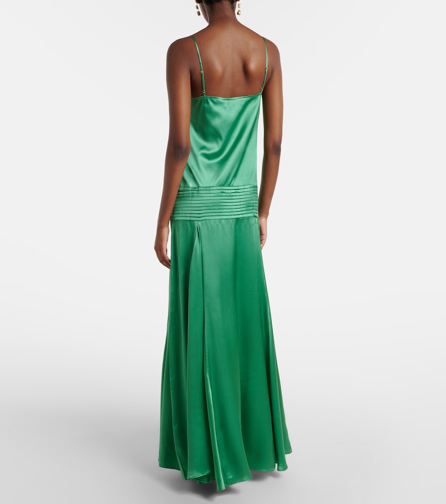 Embroidered pleated silk satin gown