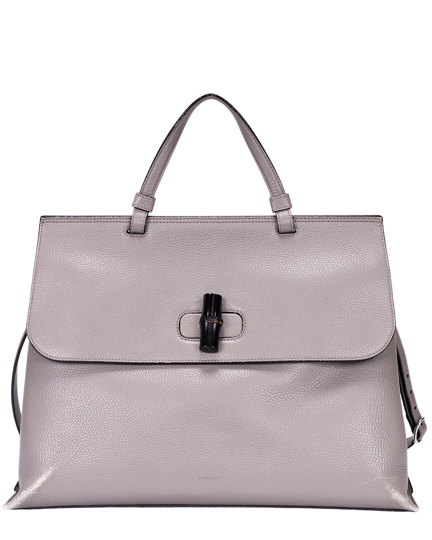 Grey Calfskin Grained Leather Bamboo Daily Top Handle (Authentic Pre-  Loved)