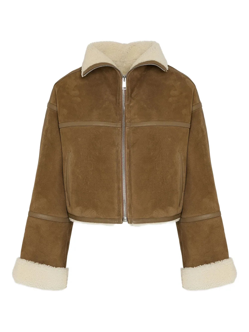 Shearling-Trimmed Suede Jacket — Caramel