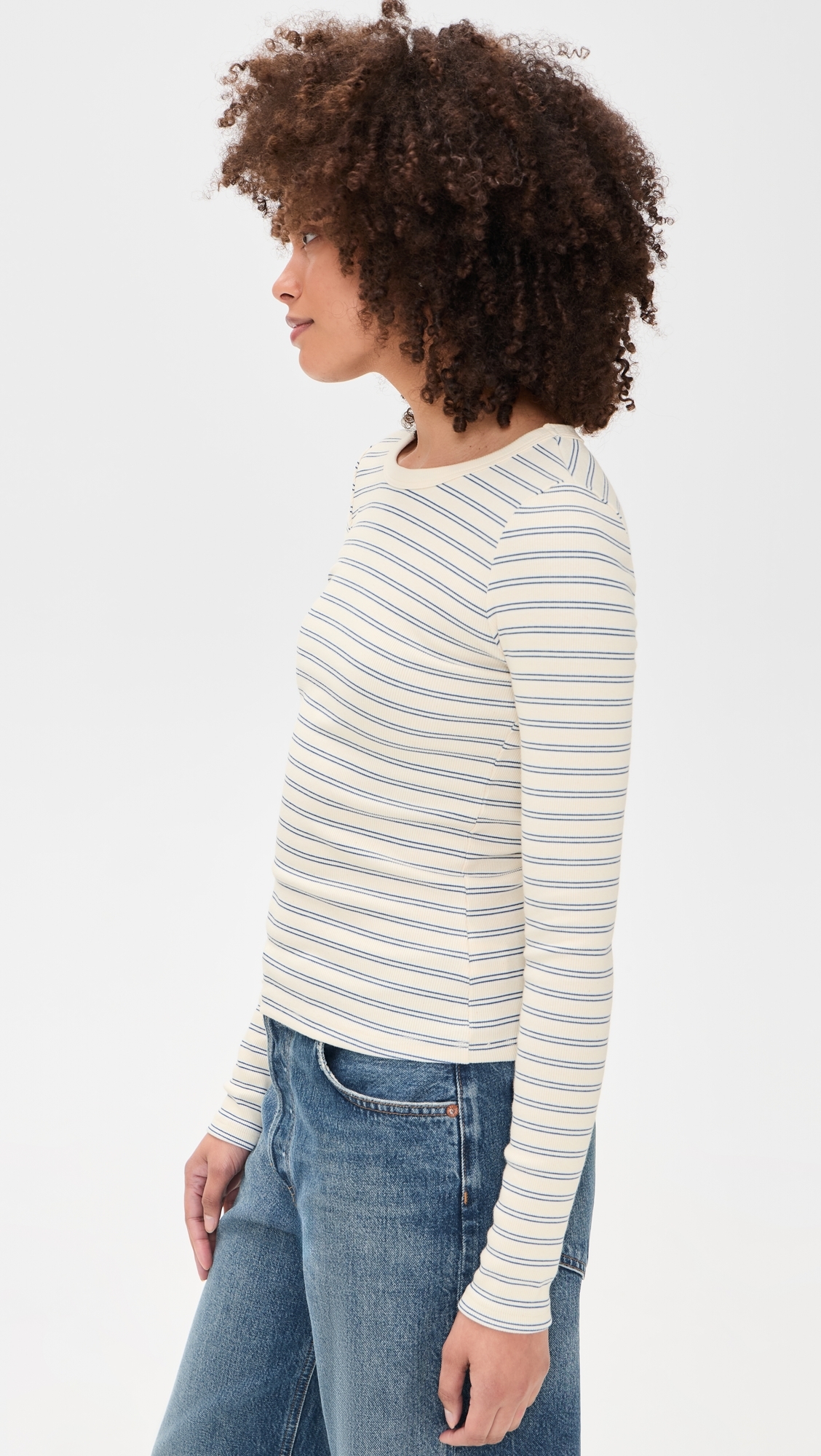 Long Sleeve Ribbed Crewneck Double Stripe Blue