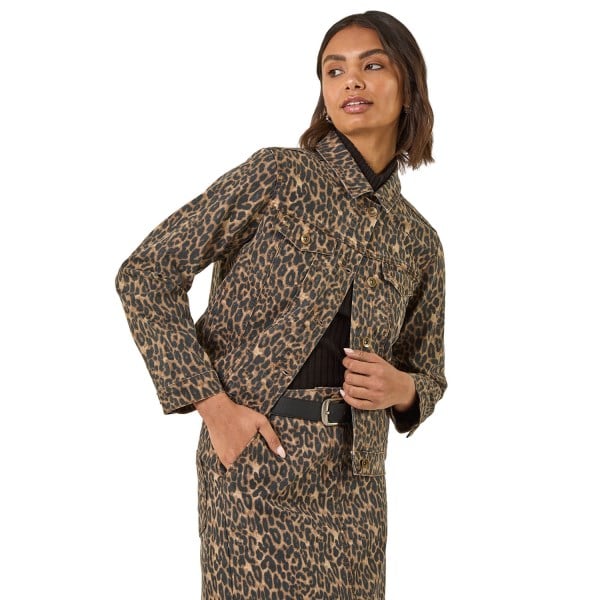 Roman Womens Animal Print Twill Jacket - Brown