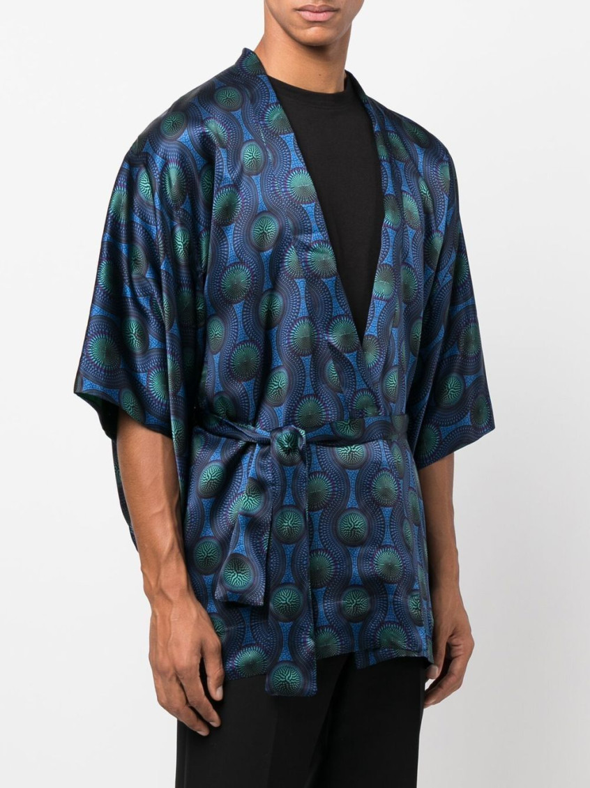 - Printed Silk Short Kimono