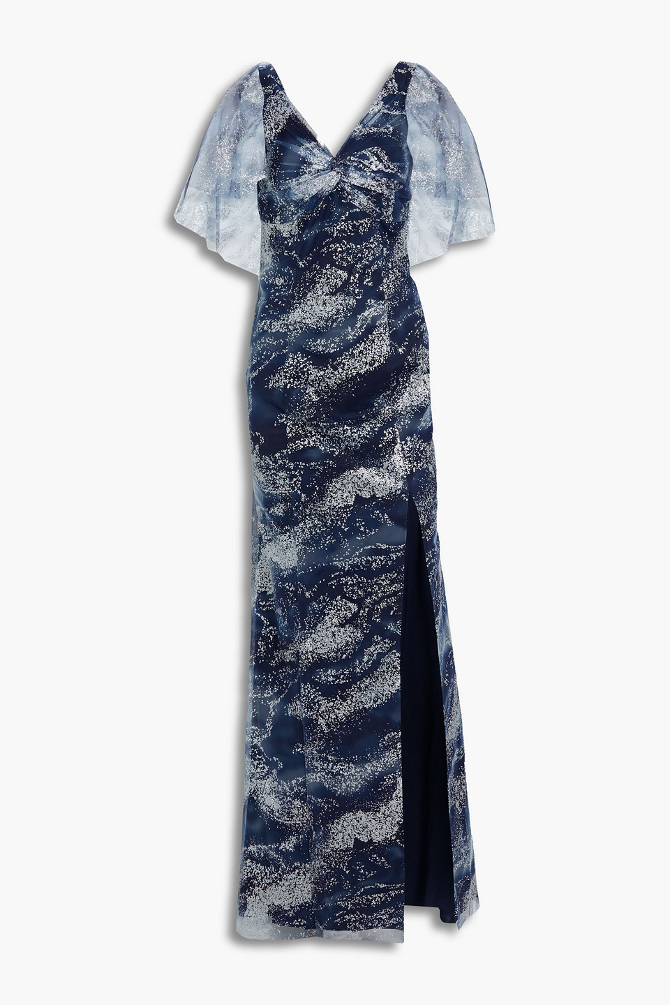 Twist-front glittered printed tulle gown - Blue - US 0