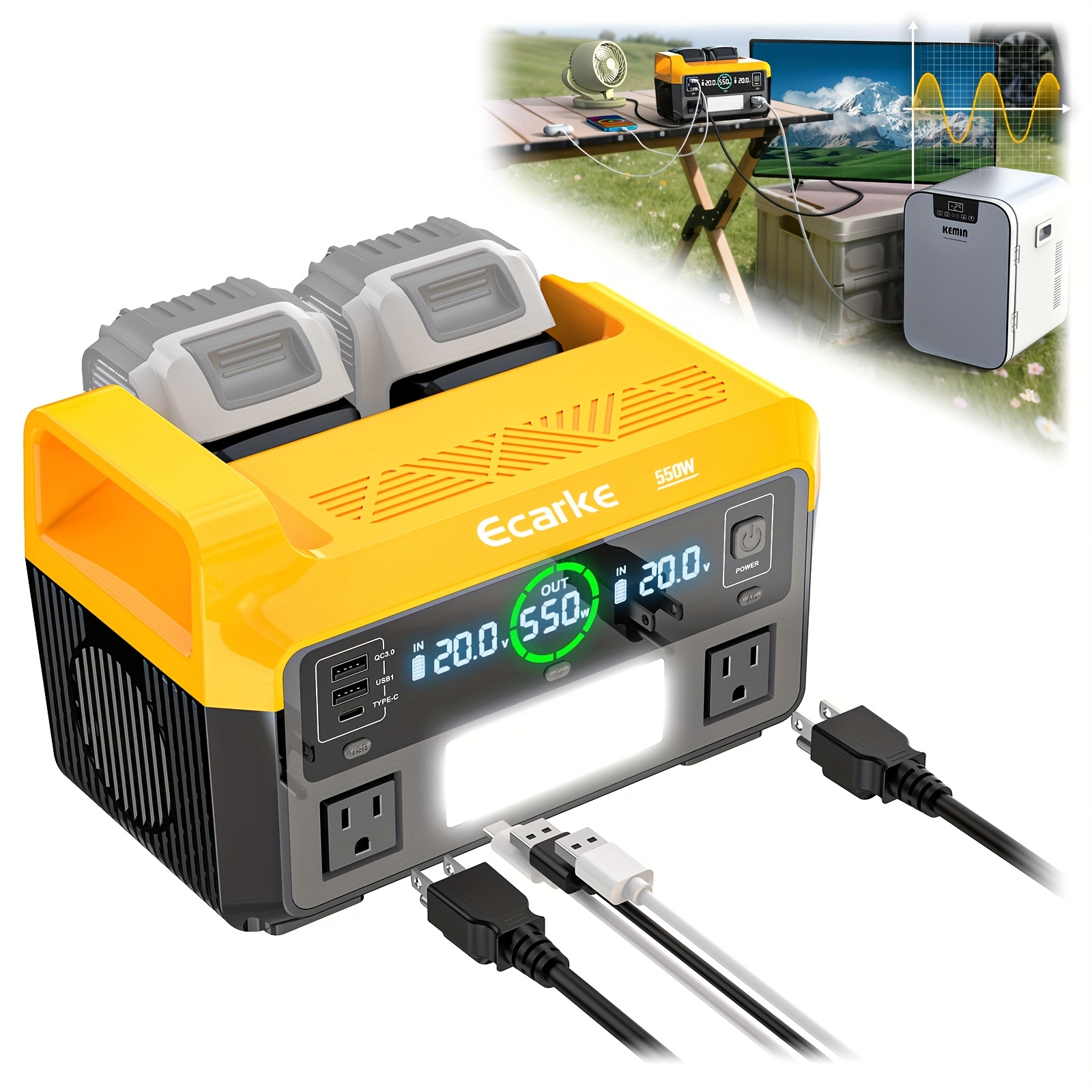 TEMU Ecarke 550w Portable Power Inverter compatible With 20v Battery, Without Battery - Pure Sine Wave 20v To Ac 110v, -c + Outlets, Led Light