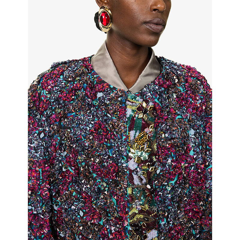 Womens Bead-Embellished Ruffle Woven Coat