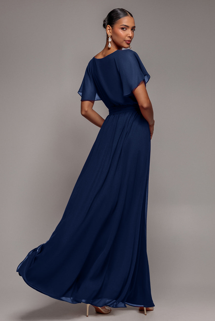 Goddiva Sustainable Chiffon Flutter Sleeve Wrap Maxi Dress - Navy