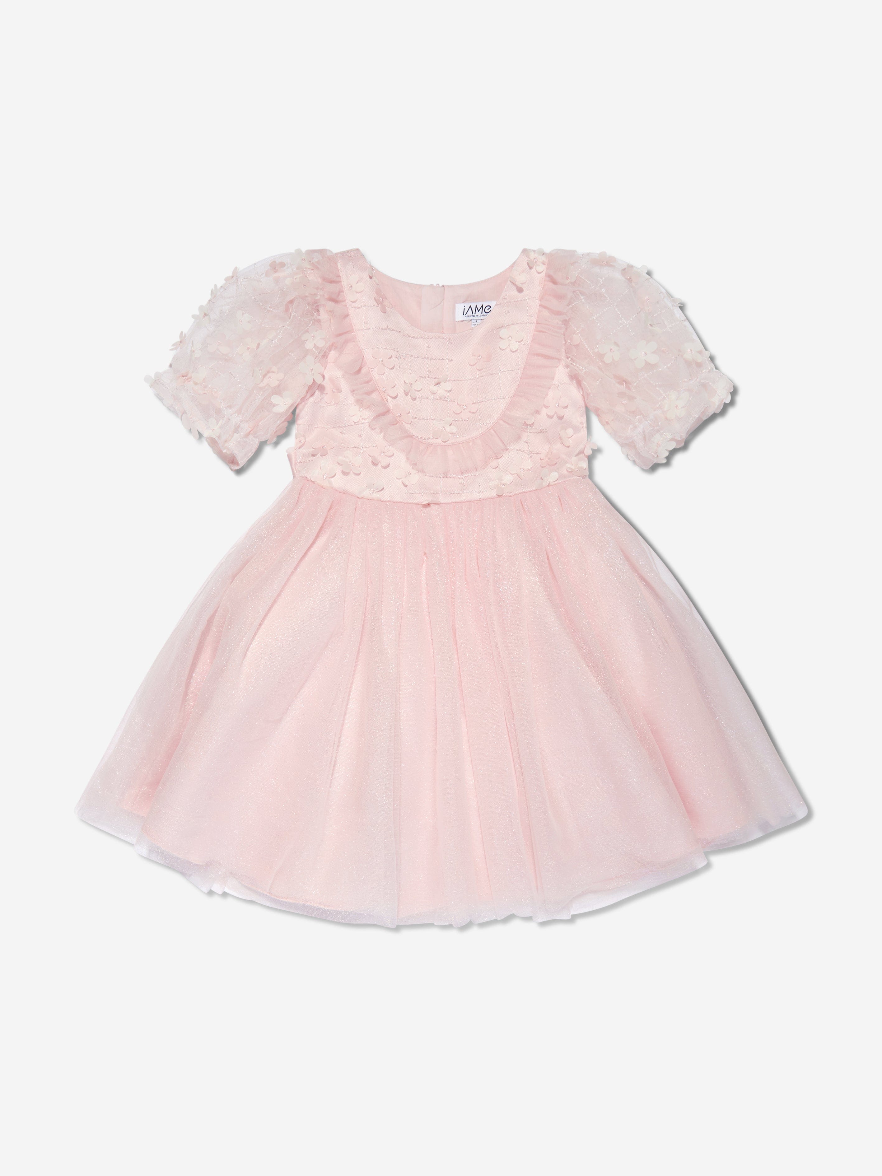 IAMe Girls Short Sleeve Embroidered Dress in Pink