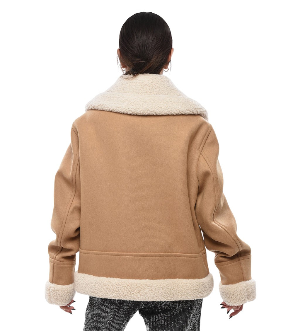 Beige Solid Shirt Collar Jacket
