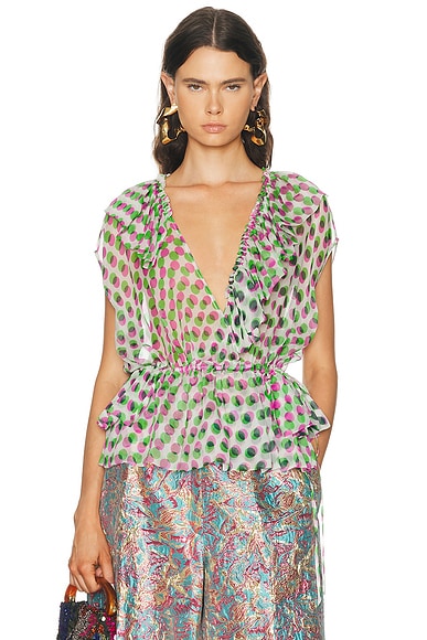 Dries Van Noten Cally Top in Ecru - Green,Pink. 38 also