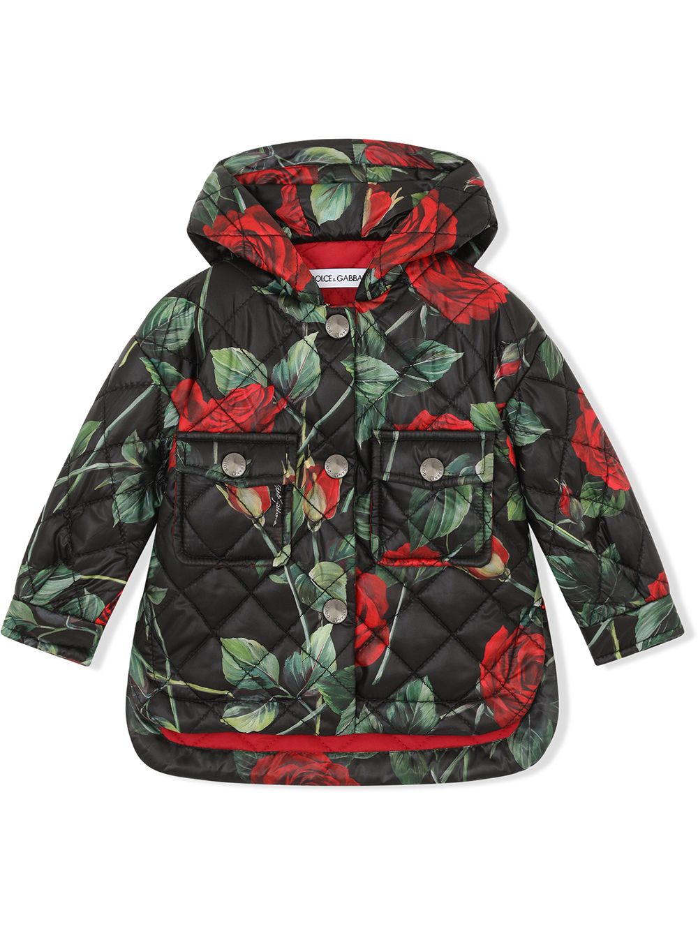 Rose-print quilted parka coat - Black