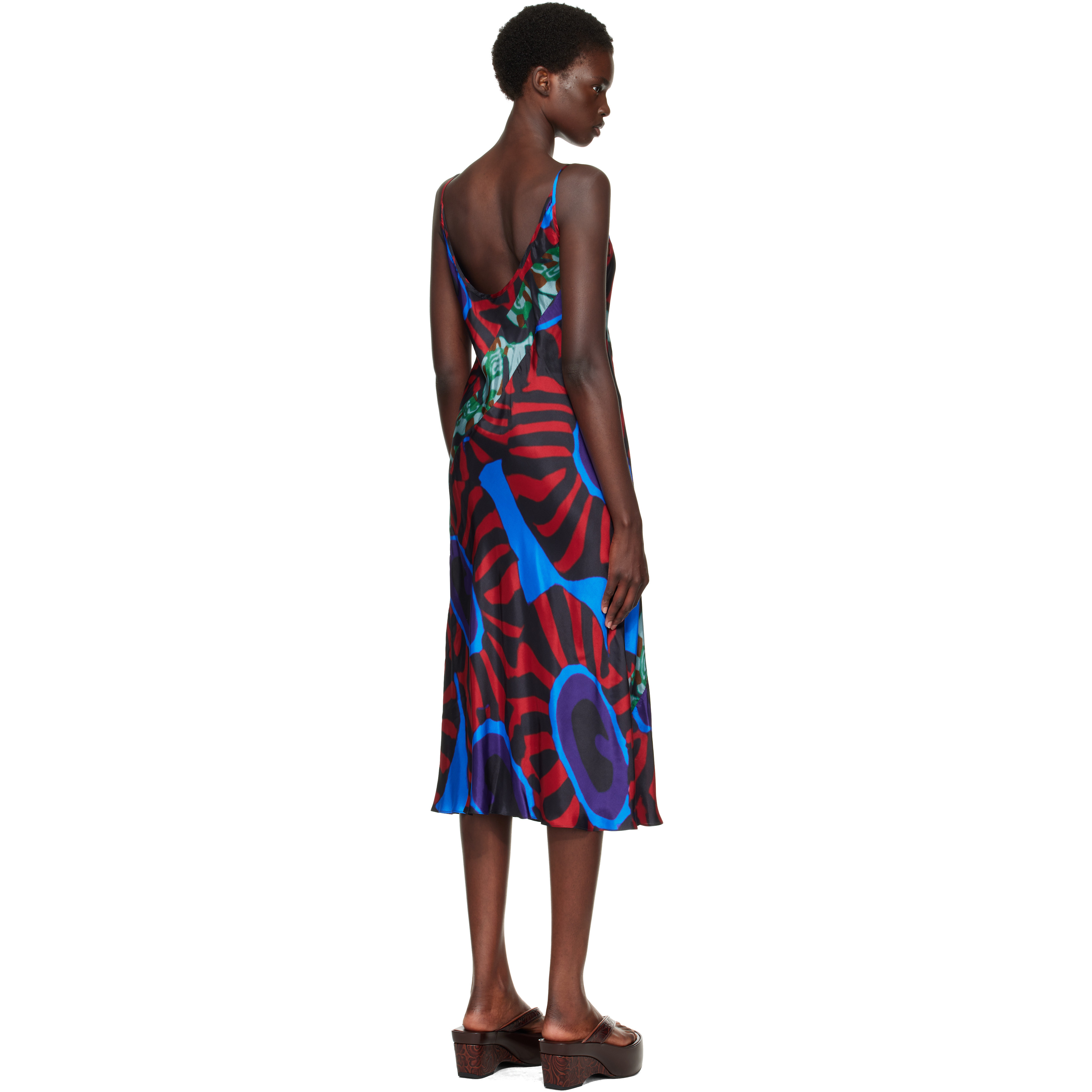 Red & Blue Printed Slip Midi Dress