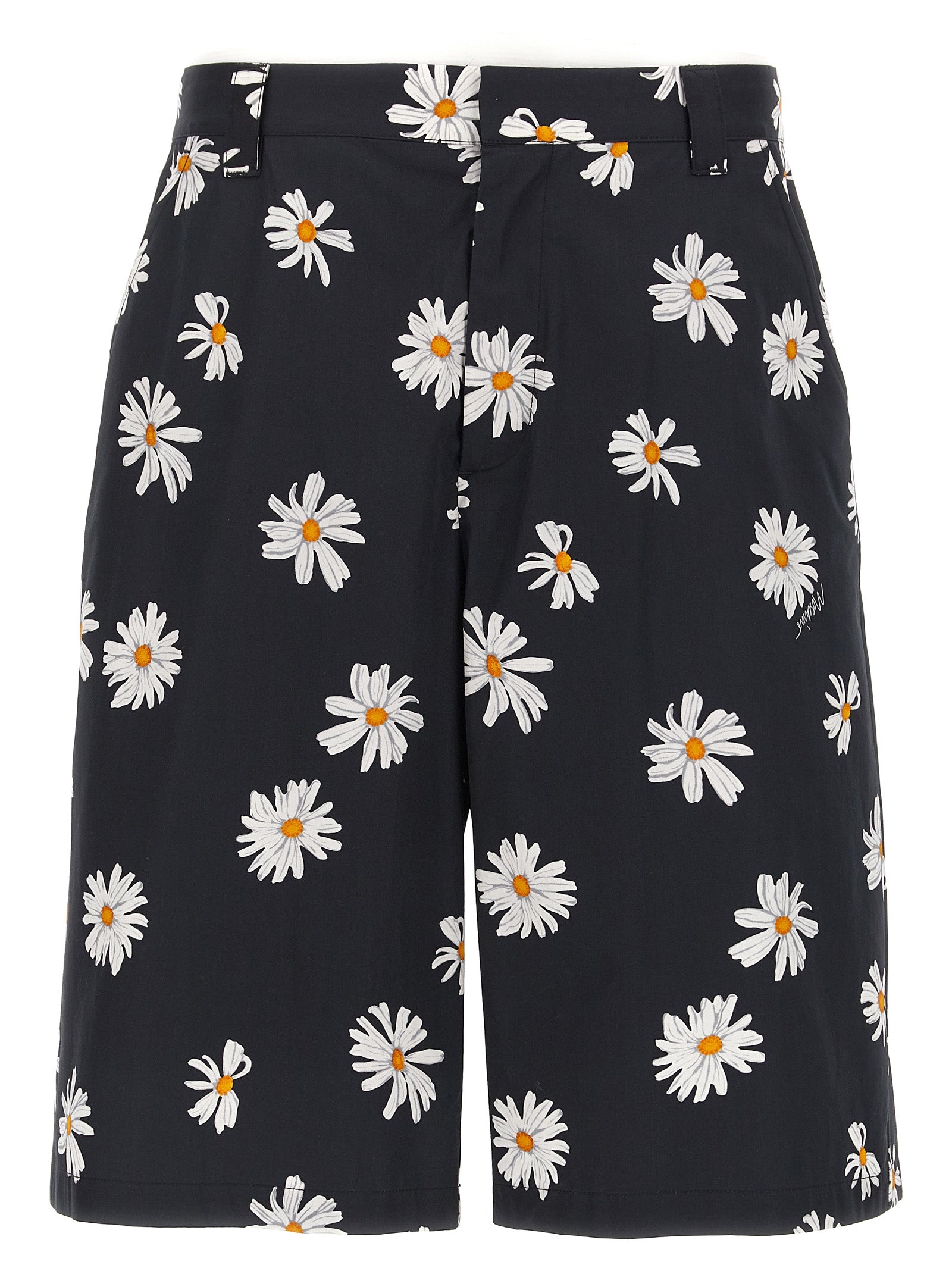 Daisy-Print Cotton Bermuda Shorts — Black