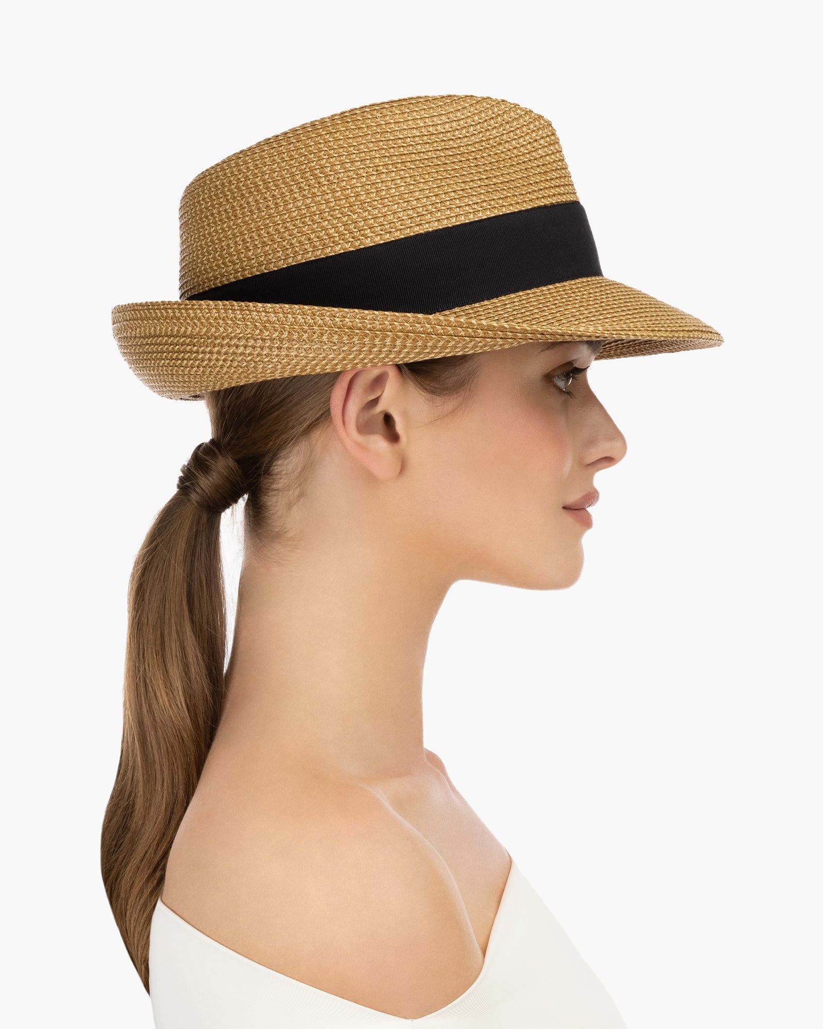 Squishee Classic Fedora for Women, Natural/Black, Packable Straw Hat