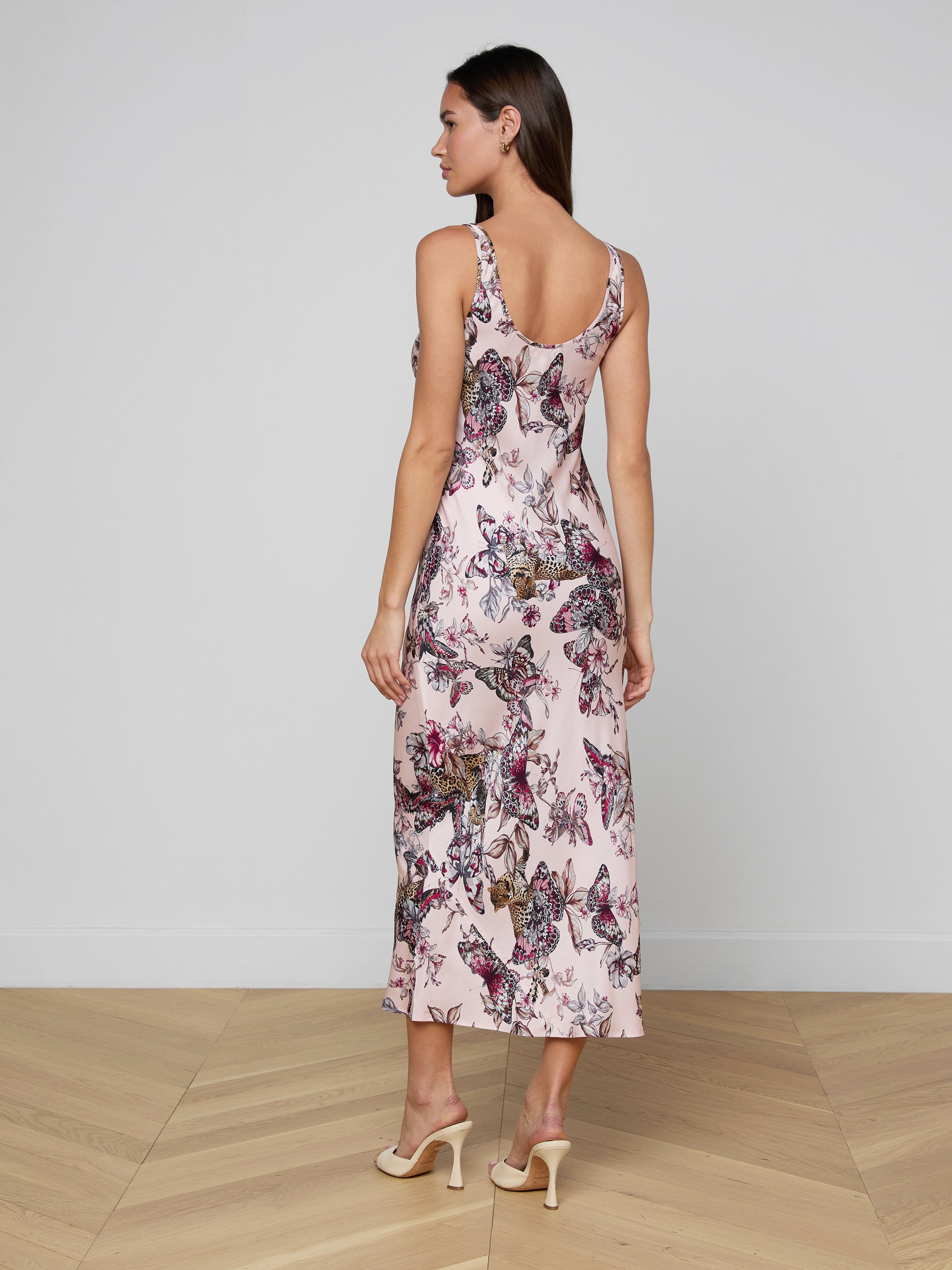 Akiya Satin Maxi Dress In Light Nectar Pink Multi Large Butterfly Jungle