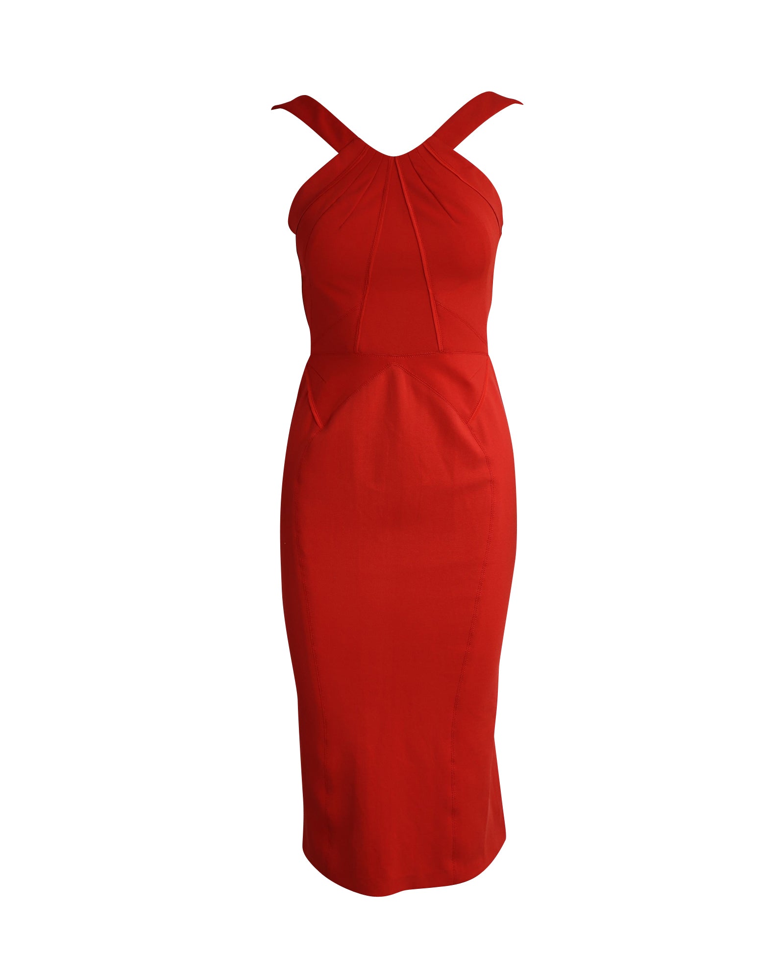 Halter Flared Bottom Midi Dress in Red Polyester